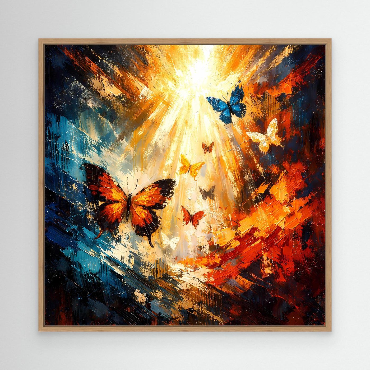 Leinwandbild mit braunem Rahmen, abstrakte Schmetterlinge in Blau, Orange und Gelb