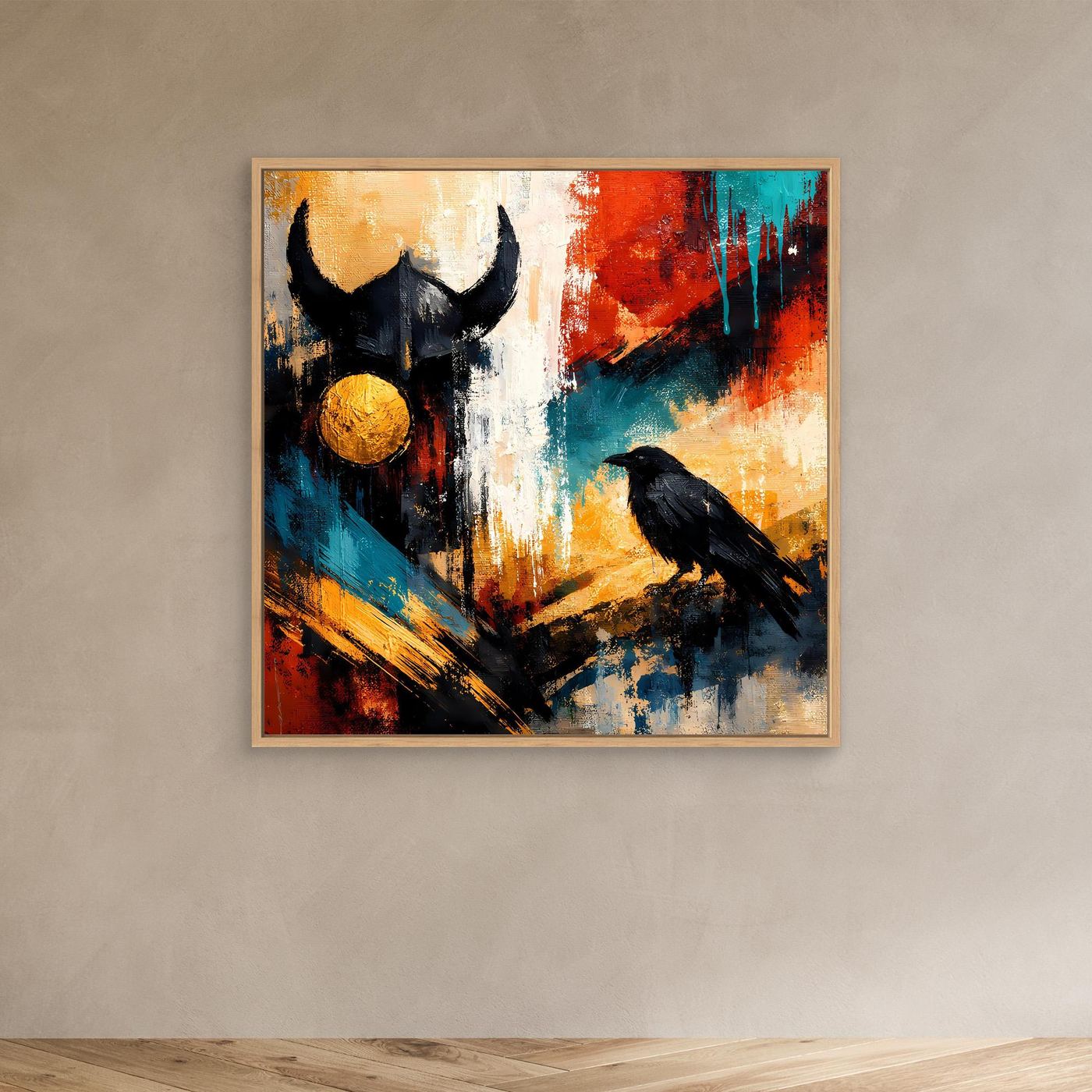 Abstraktes Odin-und-Rabe-Leinwandbild mit hellem Holzrahmen, Odin, Rabe, goldene Kugel