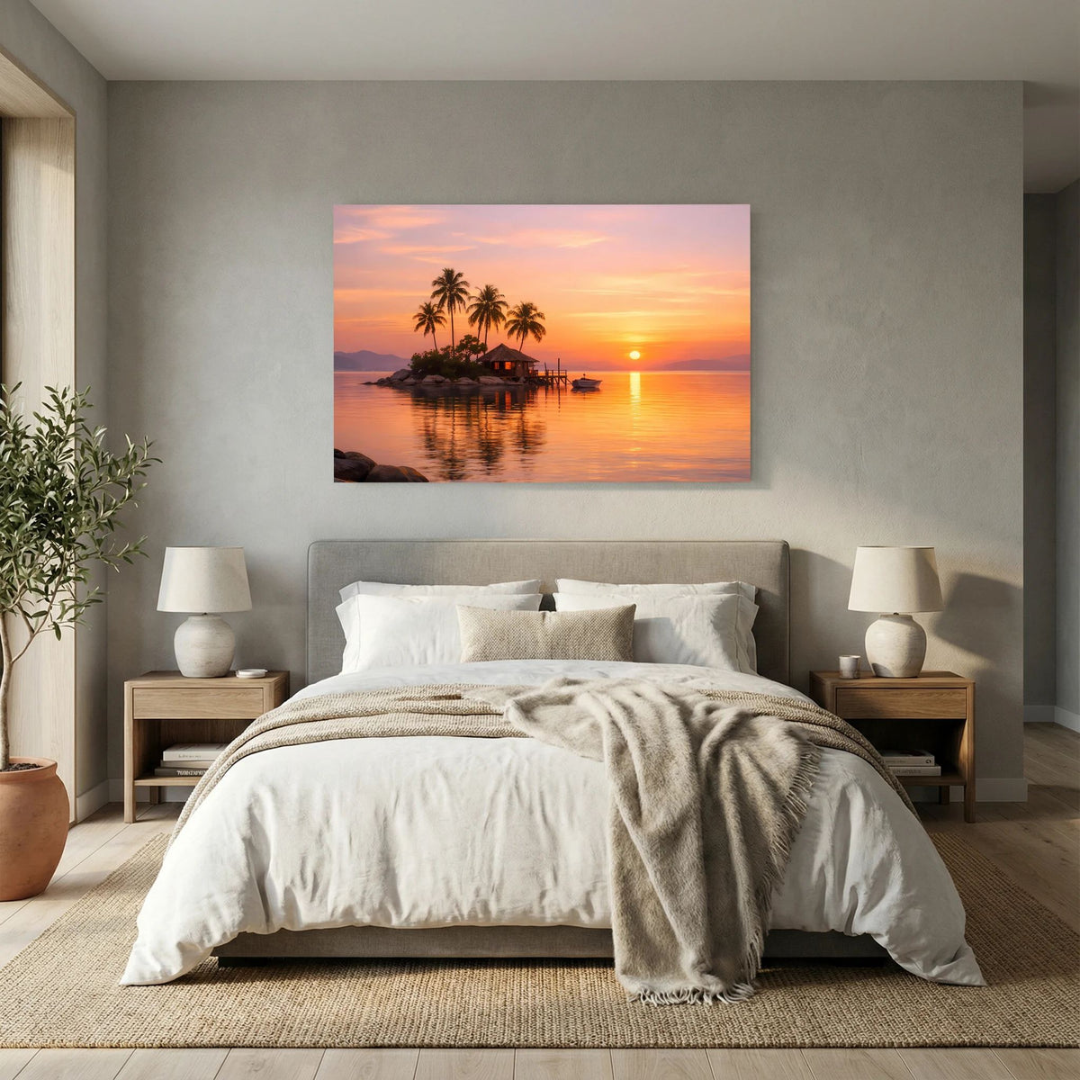 Wandbild im Querformat: tropische Insel mit Steg, Palmen, Sonne am Horizont