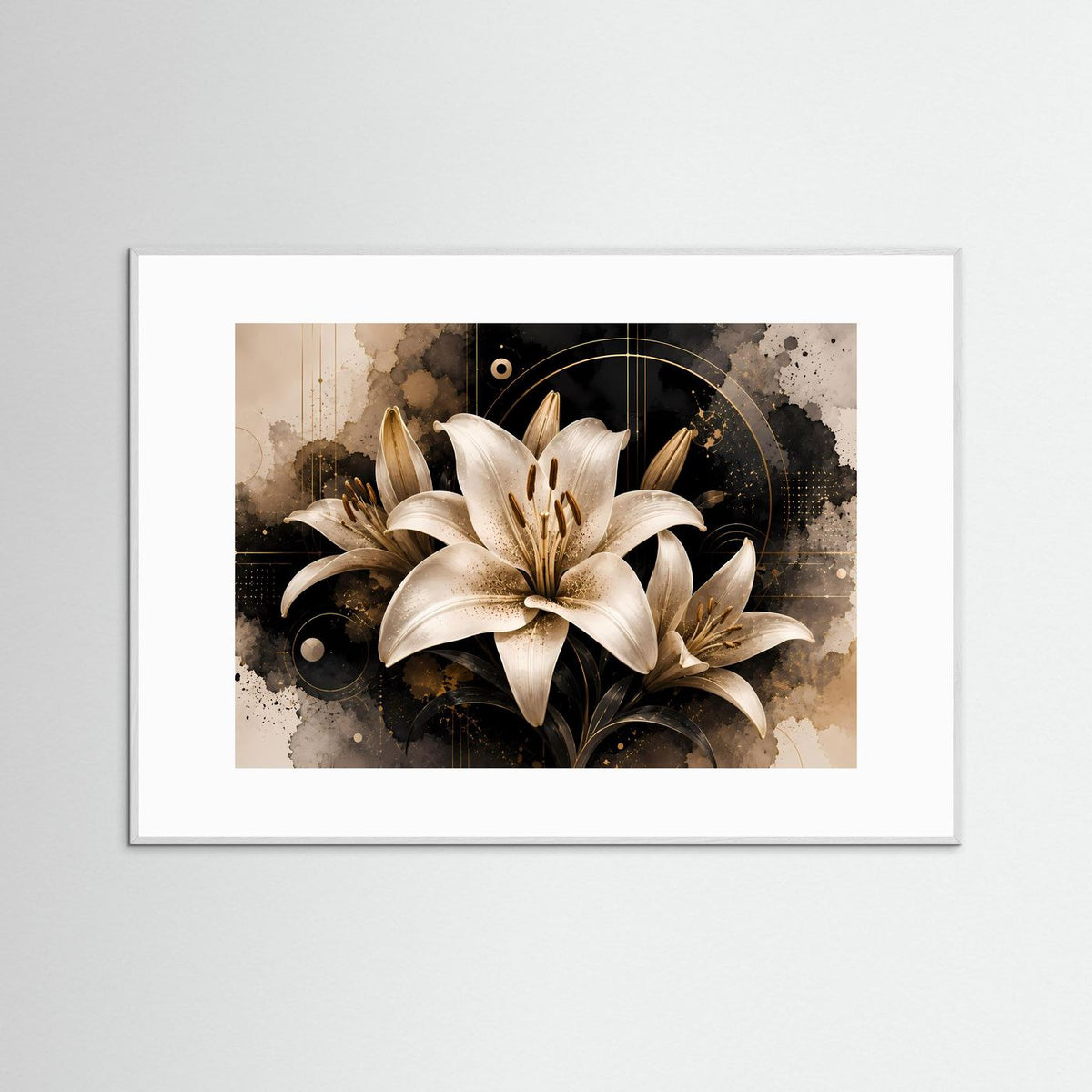 Poster im Querformat mit weißen Lilienblüten, schwarzem Hintergrunddesign, graubraun gerahmt