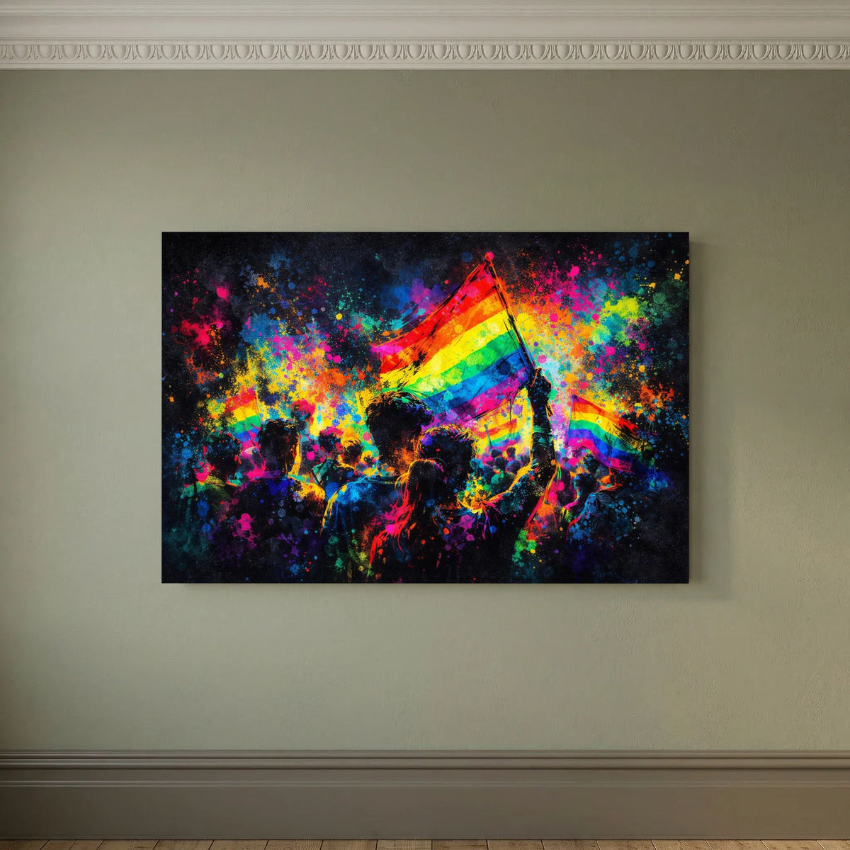 Querformatiges Wandbild mit Regenbogenflagge und Menschenmenge in bunten Farbsprenkel