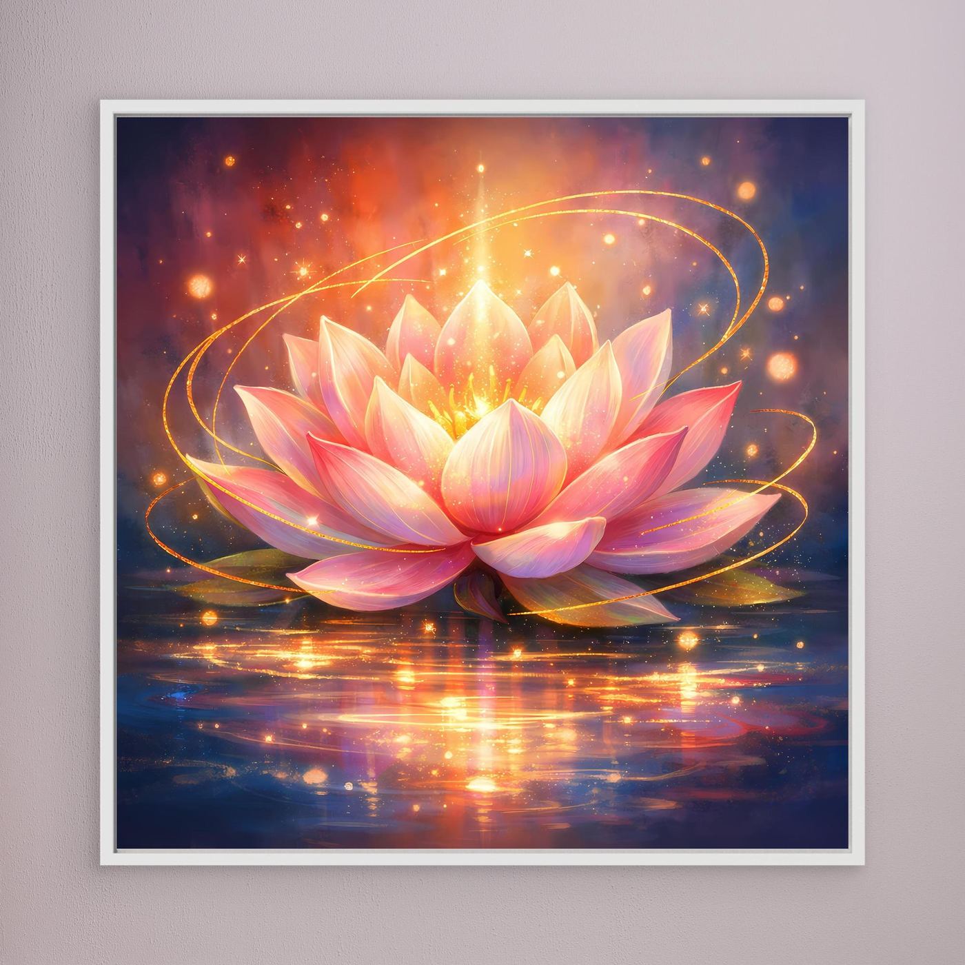 Gerahmtes Leinwandbild mit leuchtender Lotusblüte in Rosa und Gold, mit weißem Rahmen