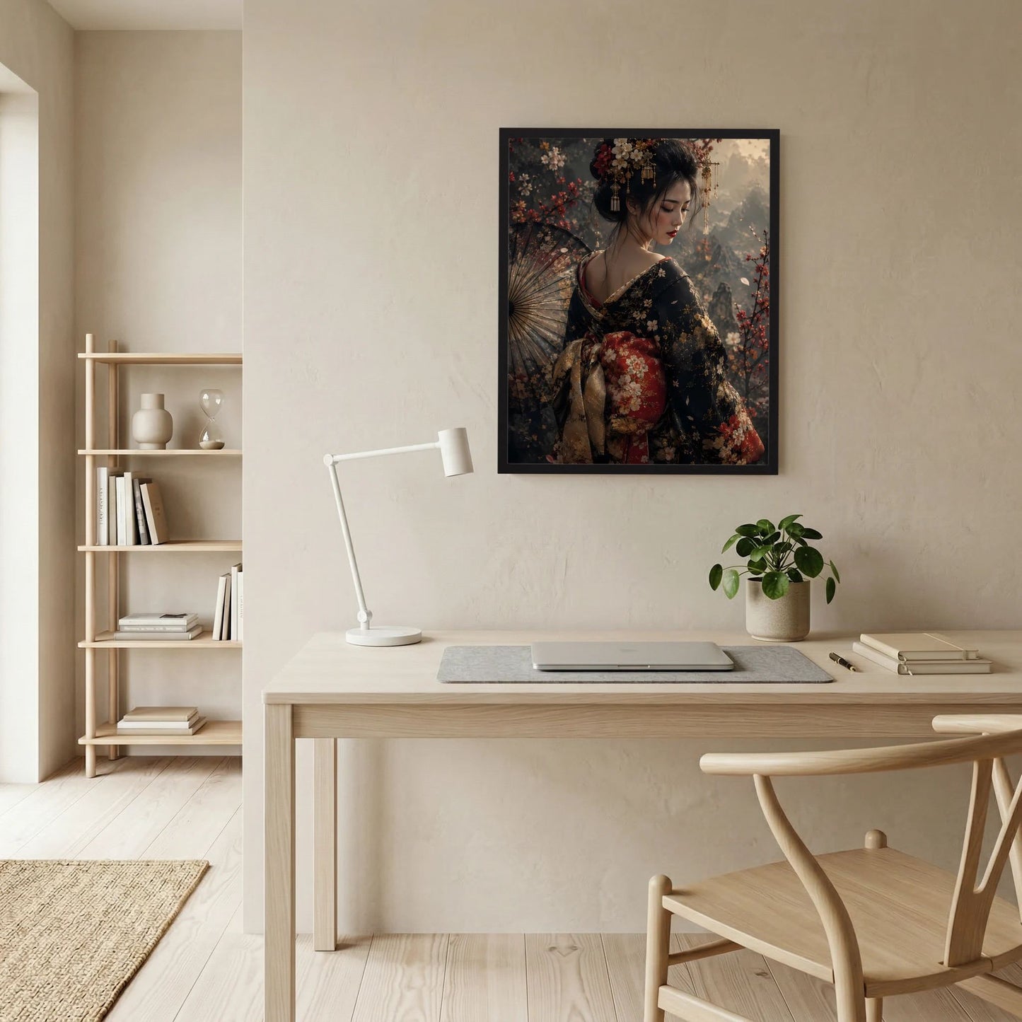 Wandposter mit Geisha im floralen Kimono, Fächer im Hintergrund, schwarzer Rahmen