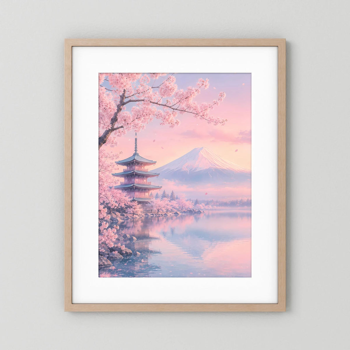 Helles Holzrahmen-Poster im Hochformat mit Kirschblüten, Pagode, Berg und Wasserreflexion