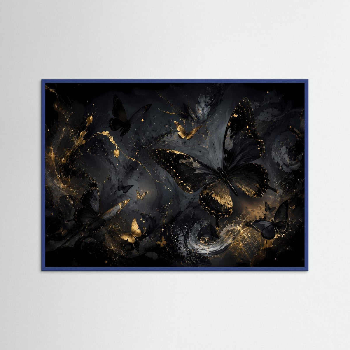 Schmetterlings-Wandbild mit blauem Rahmen und dunklem Gold-Schmetterlingsmotiv