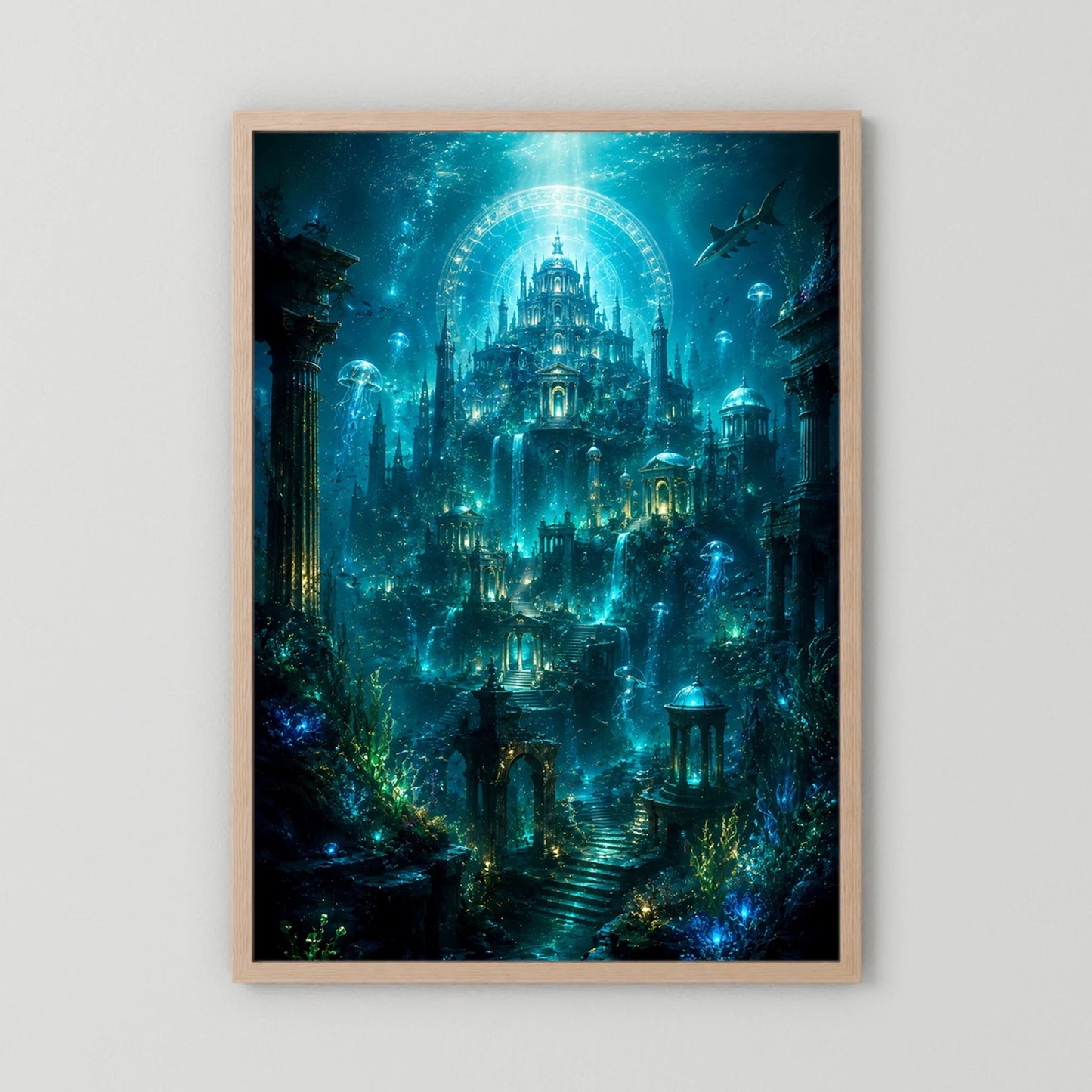 Poster mit hellem Holzrahmen: Versunkener Tempel unter Wasser, Quallen und Fische