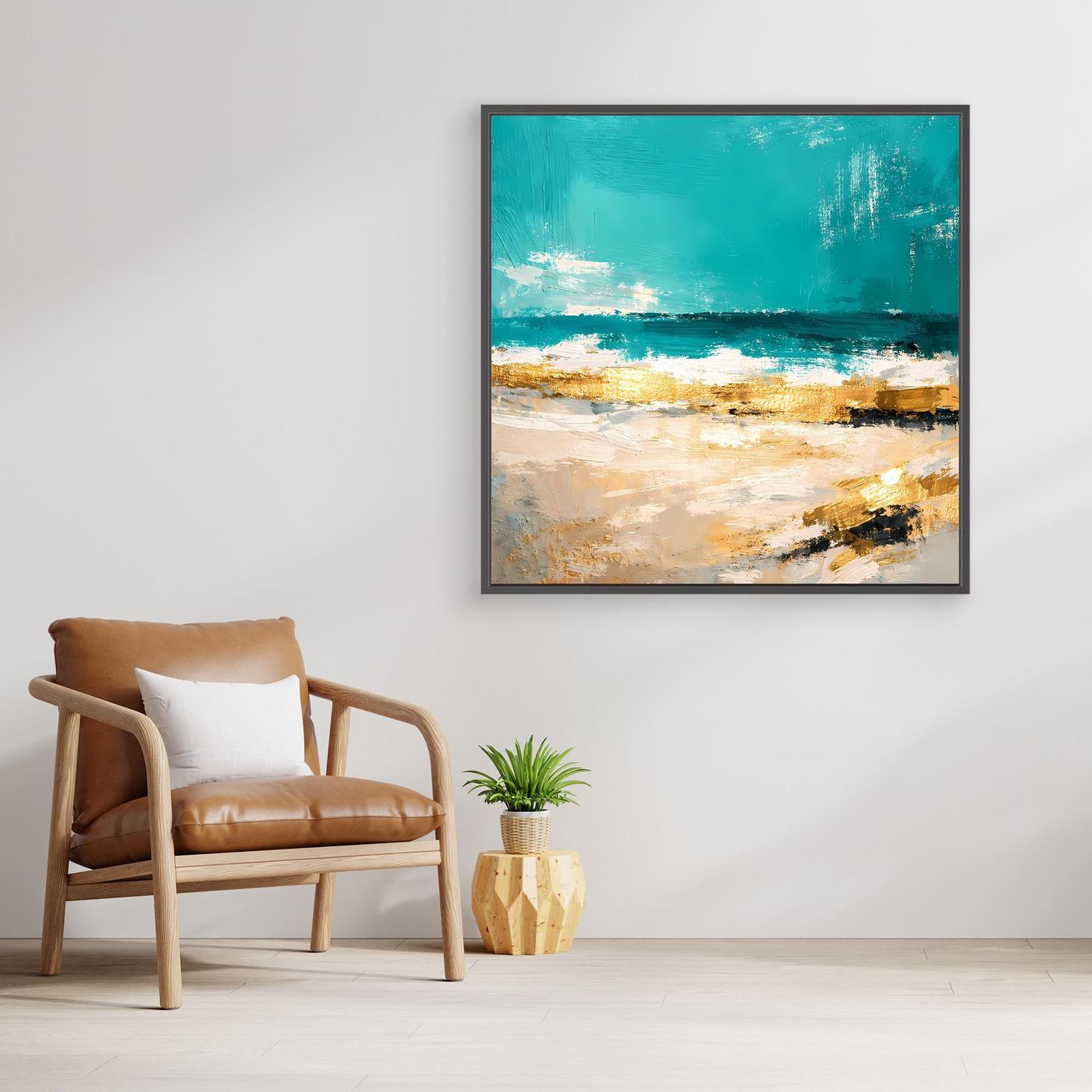 Leinwand Abstraktes Strandgemälde in Türkis und Gold | Modernes Meer Wandbild