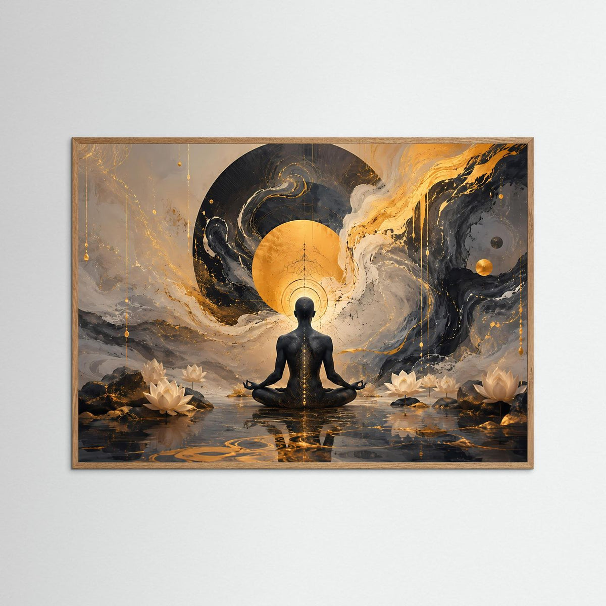 Gerahmtes Meditationsposter mit Holzrahmen: Meditationsfigur, goldene Lichtbahn, dunkler Rauch