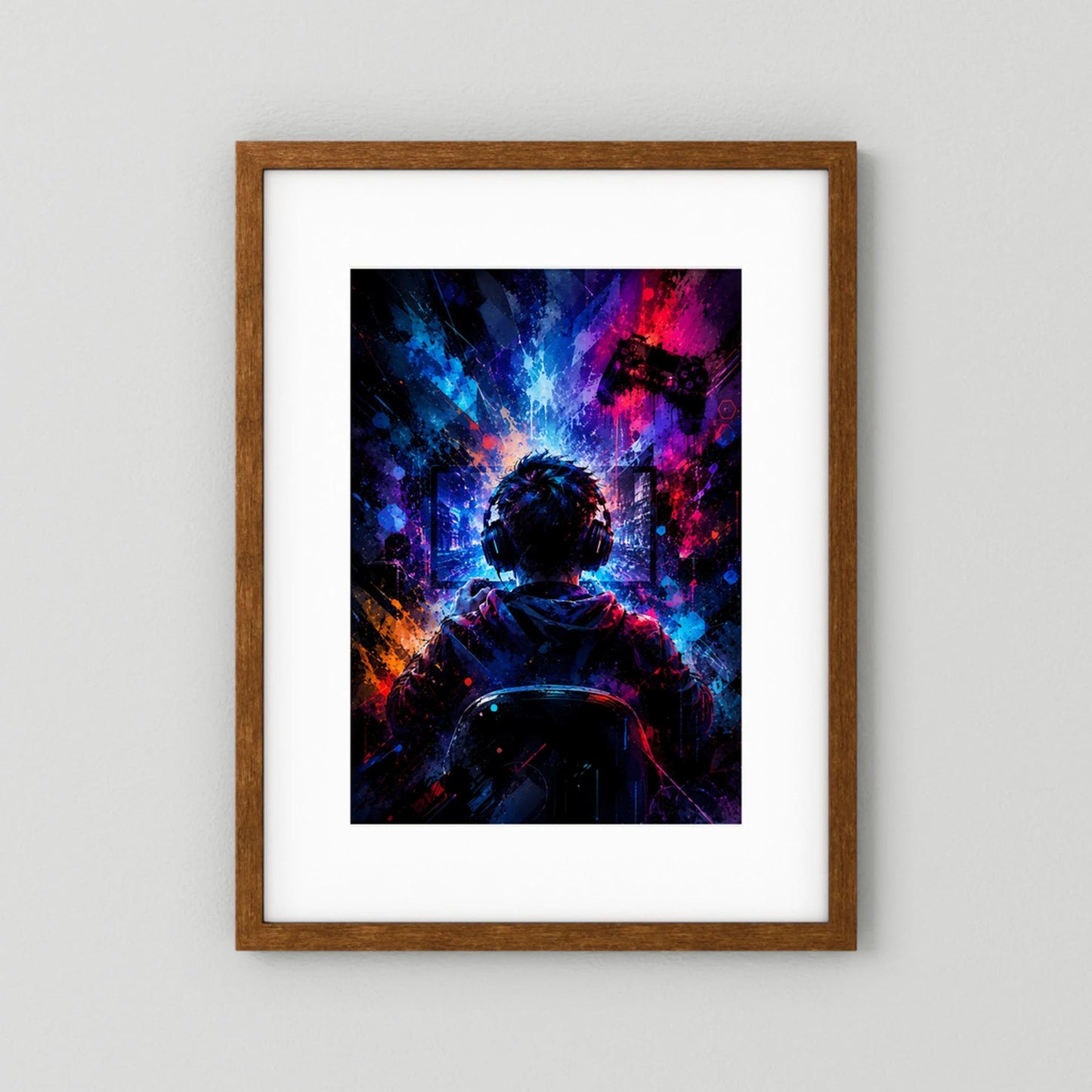 Poster im Hochformat mit braunem Holzrahmen, Neon-Gamer mit Headset und Controller