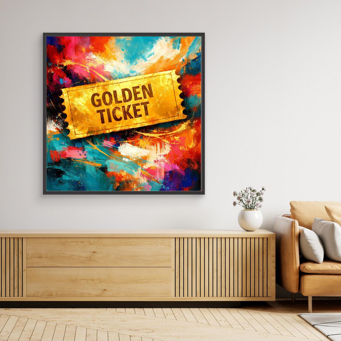 Gerahmtes Leinwandbild „Golden Ticket“ mit buntem Farbverlauf und gelbem Ticket, schwarzer Rahmen