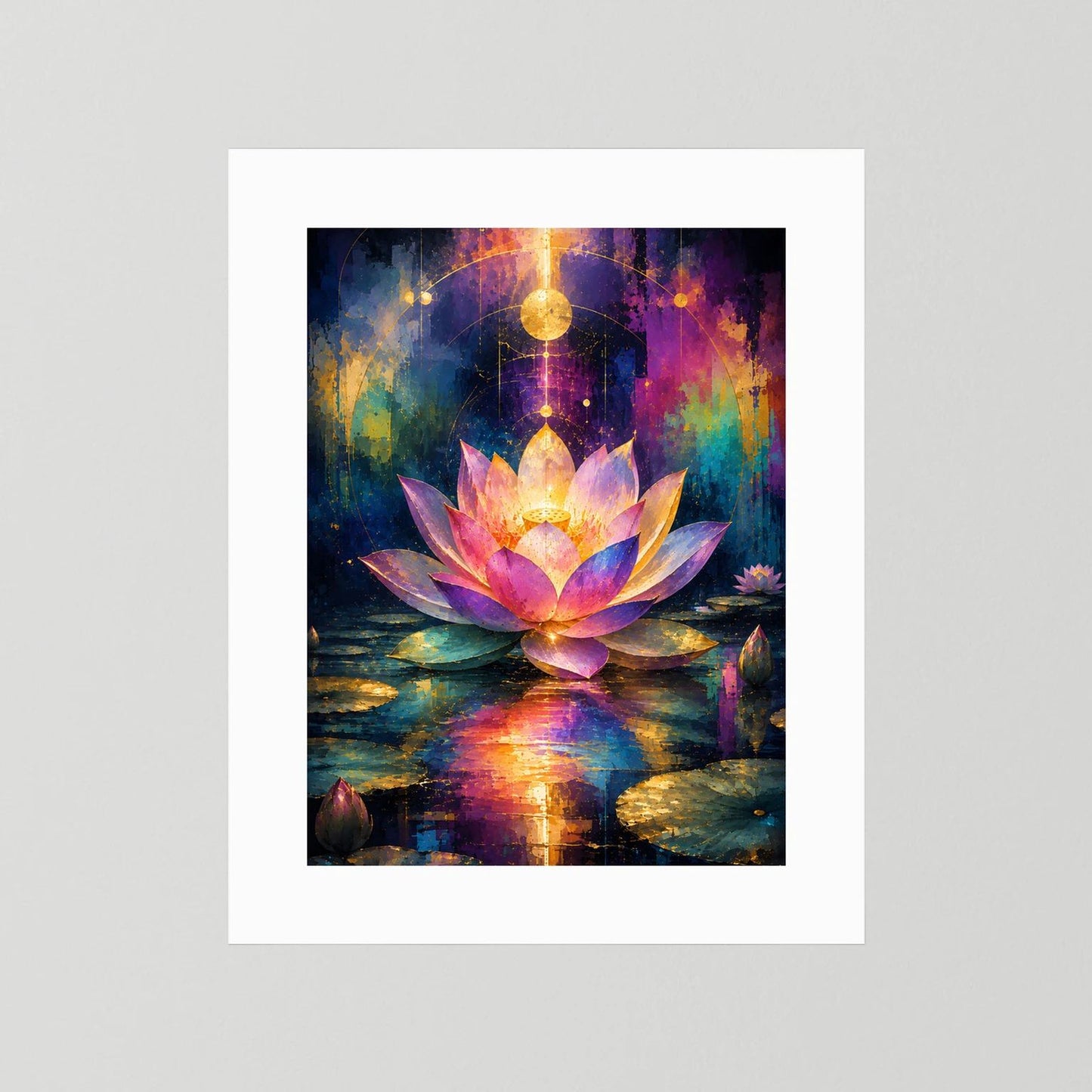 Poster ohne Rahmen, leuchtende Lotusblüte in Pink und Gold, reflektiert im Wasser