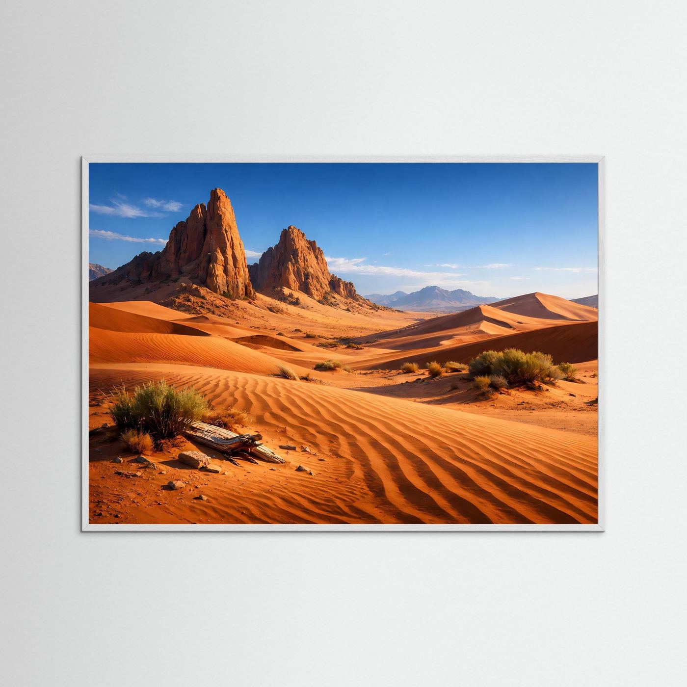 Naturposter Querformat: Wüstendünen mit Felsnadeln und Sträuchern, Panorama-Landschaft mit Rahmen