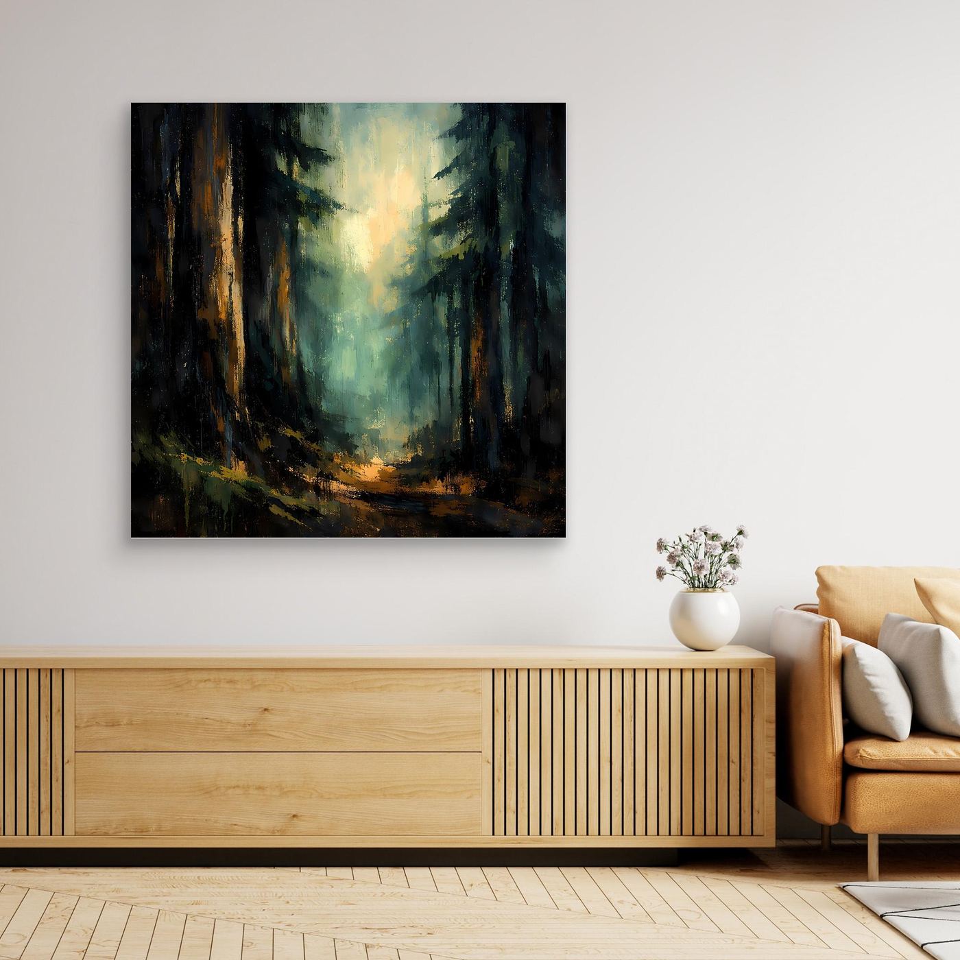 Abstraktes Tannenwald-Leinwandbild mit hellgelbem Licht und dunklen Baumreihen, ohne Rahmen