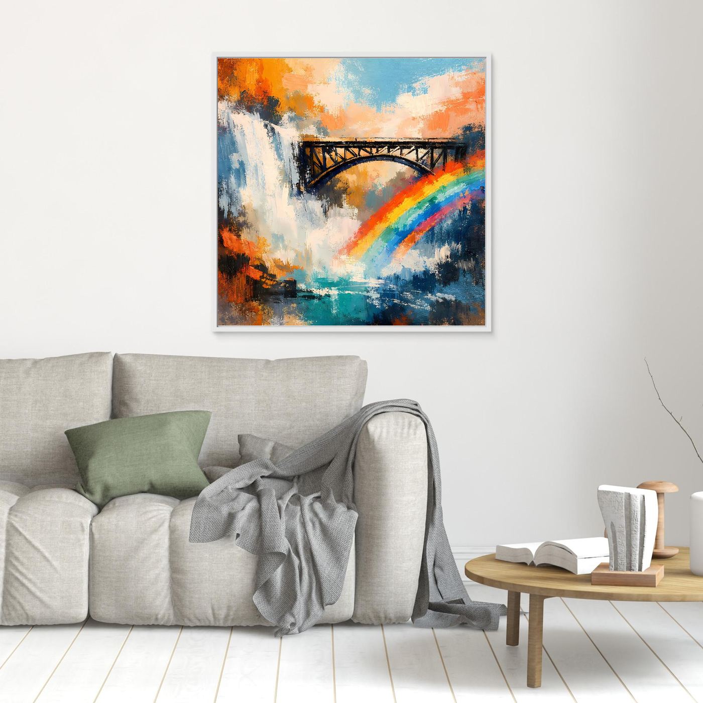 Abstraktes Leinwand-Wandbild: Wasserfall, Brücke & Regenbogen, hell gerahmt, klein