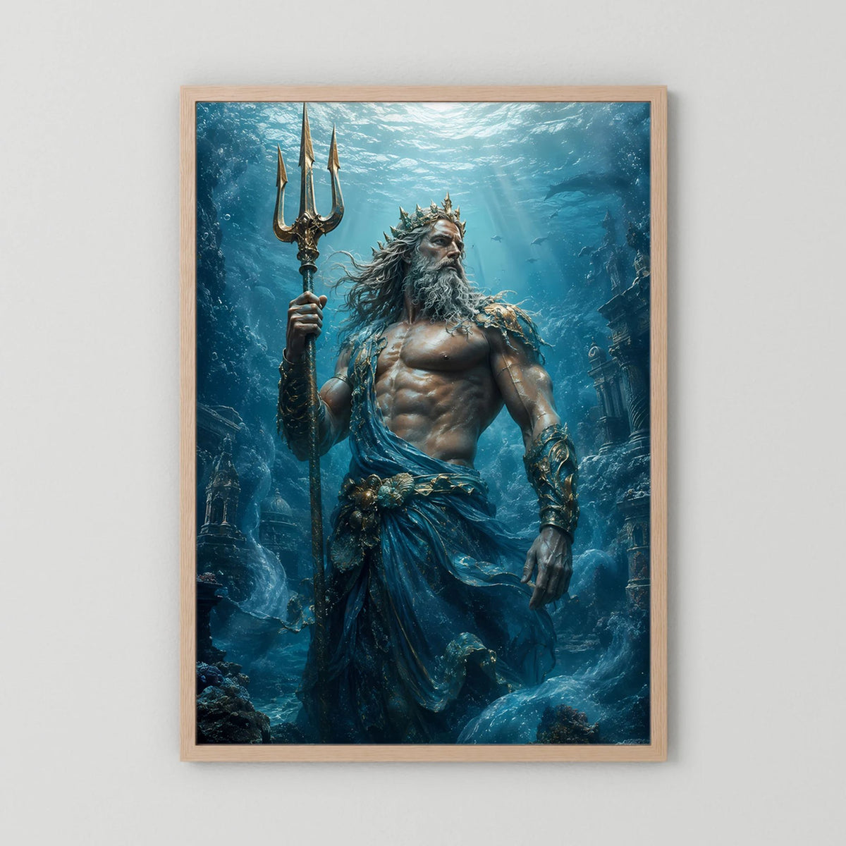 Vertikales Poster mit Poseidon und Dreizack, im hellen Holzrahmen