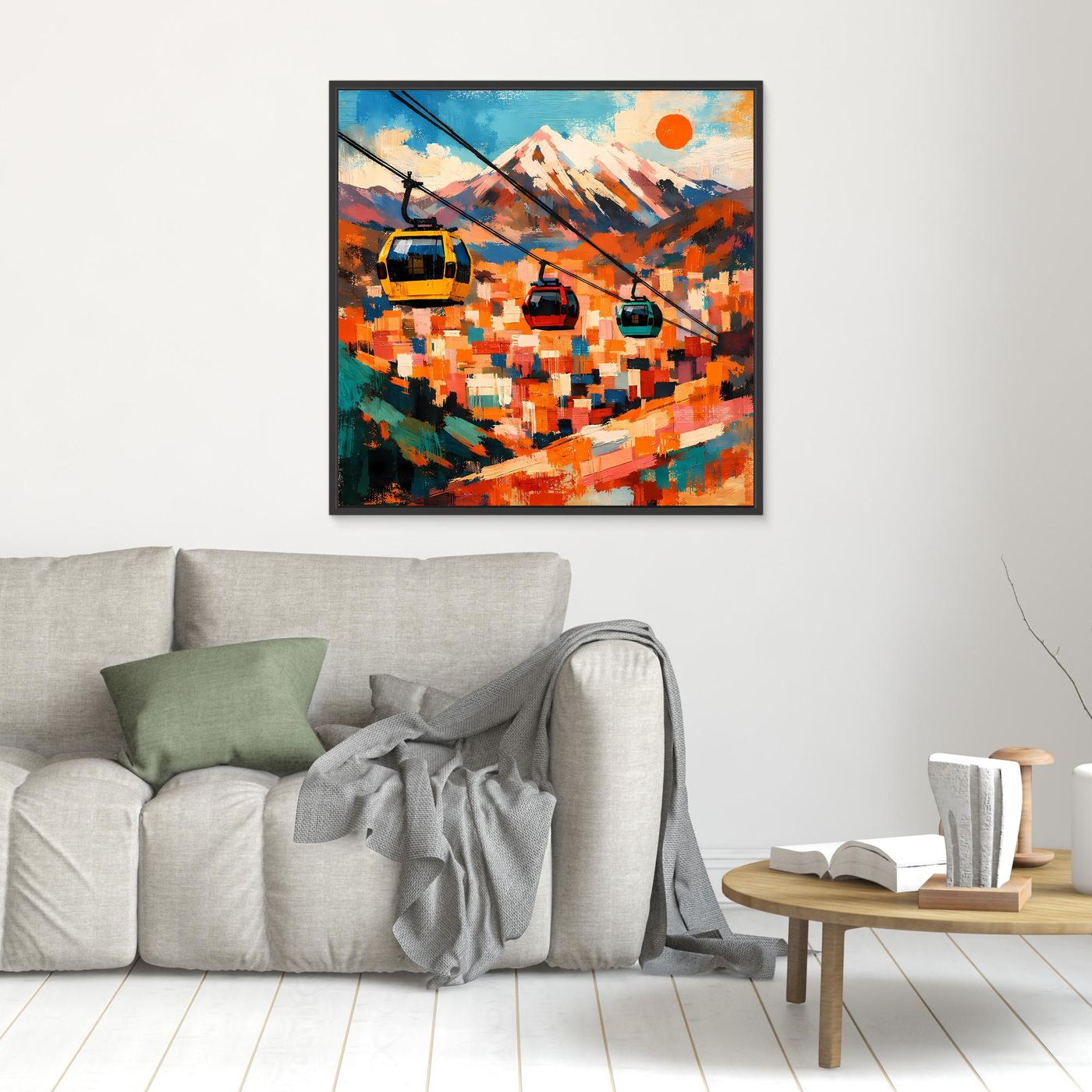Abstraktes Leinwand-Wandbild mit Seilbahn-Gondeln, klein, schwarz gerahmt