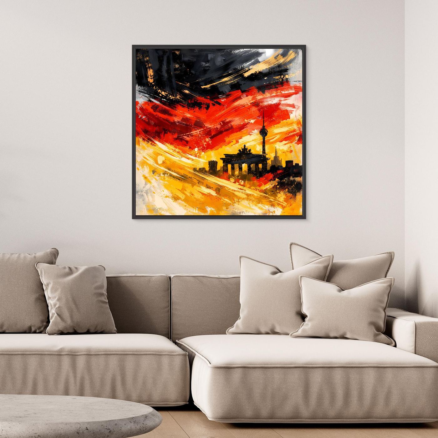 Abstraktes Leinwandbild Skyline, rot-gelbe Farbspuren, schwarzer Turm im dunklen Rahmen