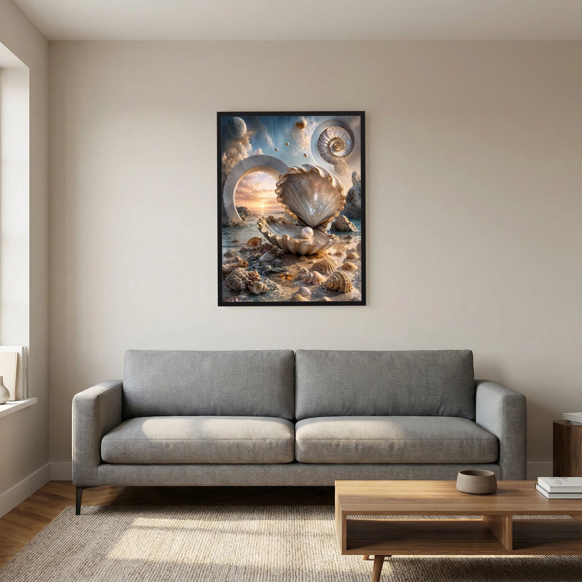 Poster mit Perlmutt-Muschel und Perle, surrealer Ozean mit cremefarbenen Akzenten