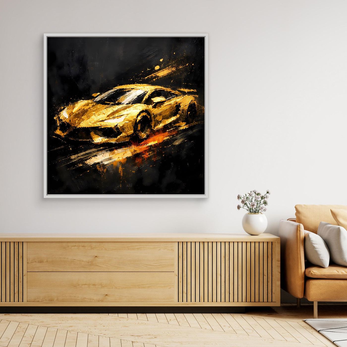 Leinwand Goldener Sportwagen Abstrakt | Modernes Rennwagen Wandbild Schwarz Gold