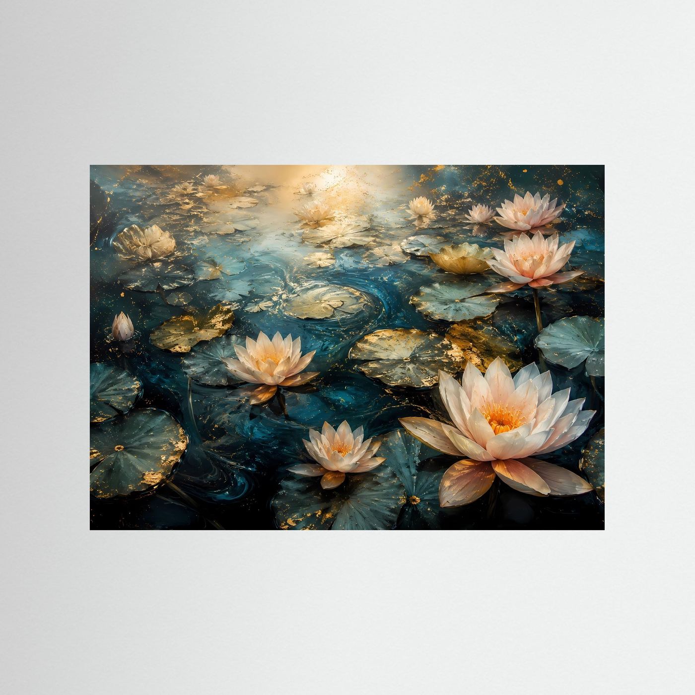 Seerosen Poster | Lotusblüten Wandbild | Eleganter Seerosenteich | Gold Blau Kunst | Premium Leinwandbild