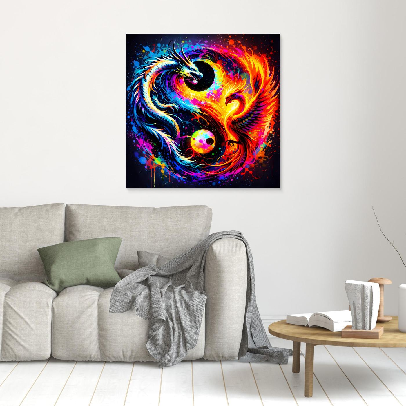 Unrahmtes Leinwandbild mit Drachen- und Phönix-Yin-Yang-Motiv in leuchtenden Farben