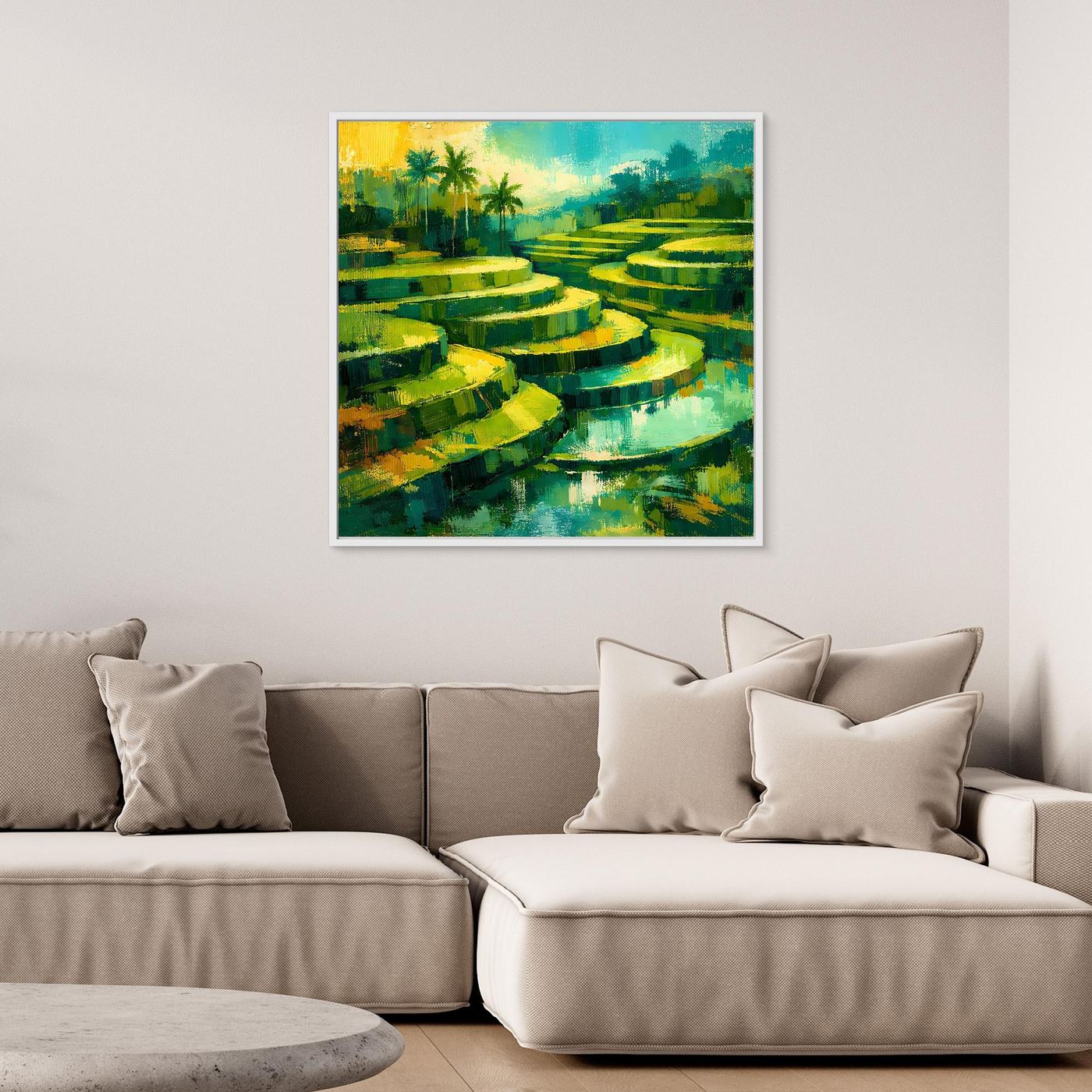 Leinwandbild: grüne Terrassen und Wasserlandschaft mit Palmen, abstrakt, goldener Rahmen