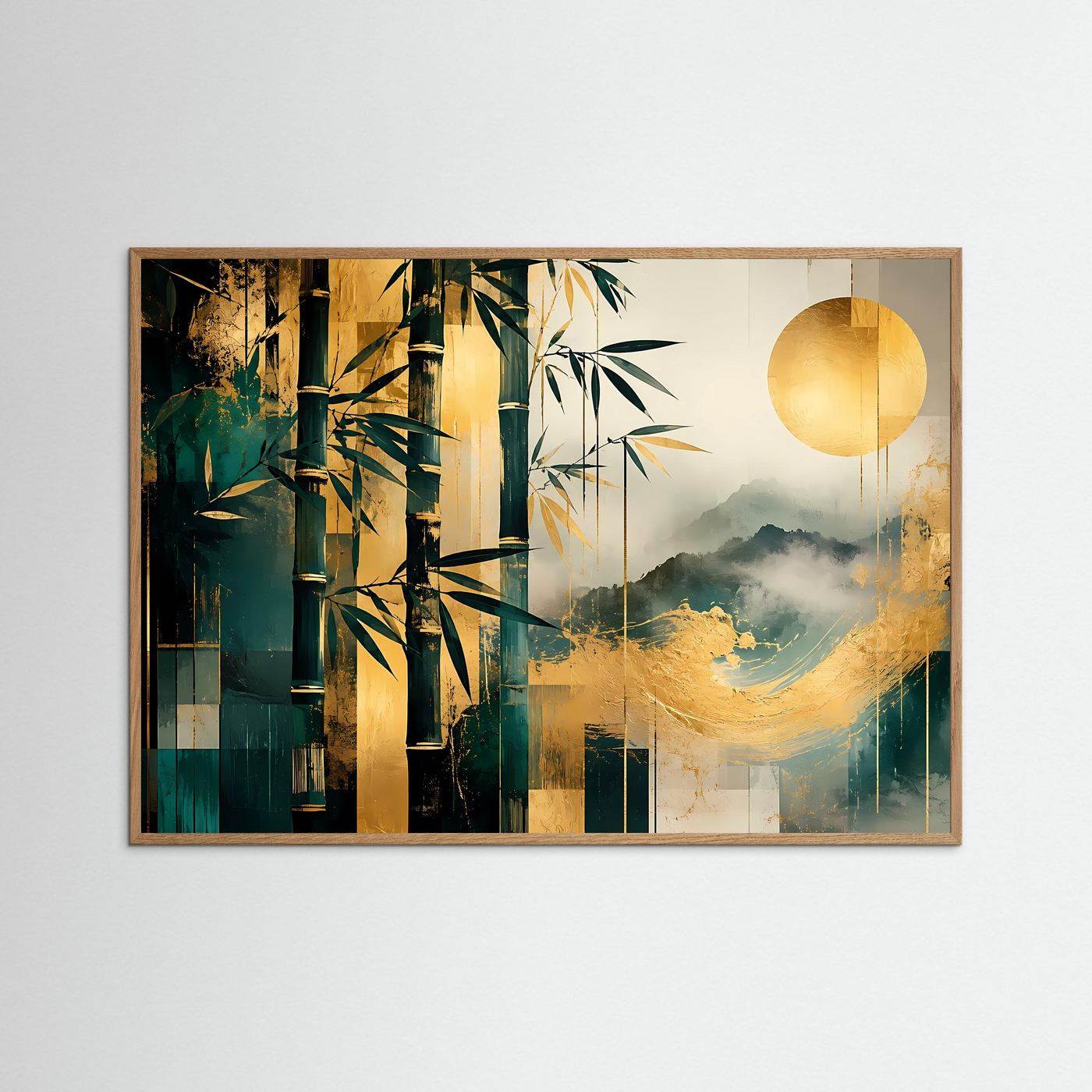 Bambus Gold Poster | Japanische Landschaft Wandbild Modern | Abstrakte Zen Kunst mit Bergen und Sonne