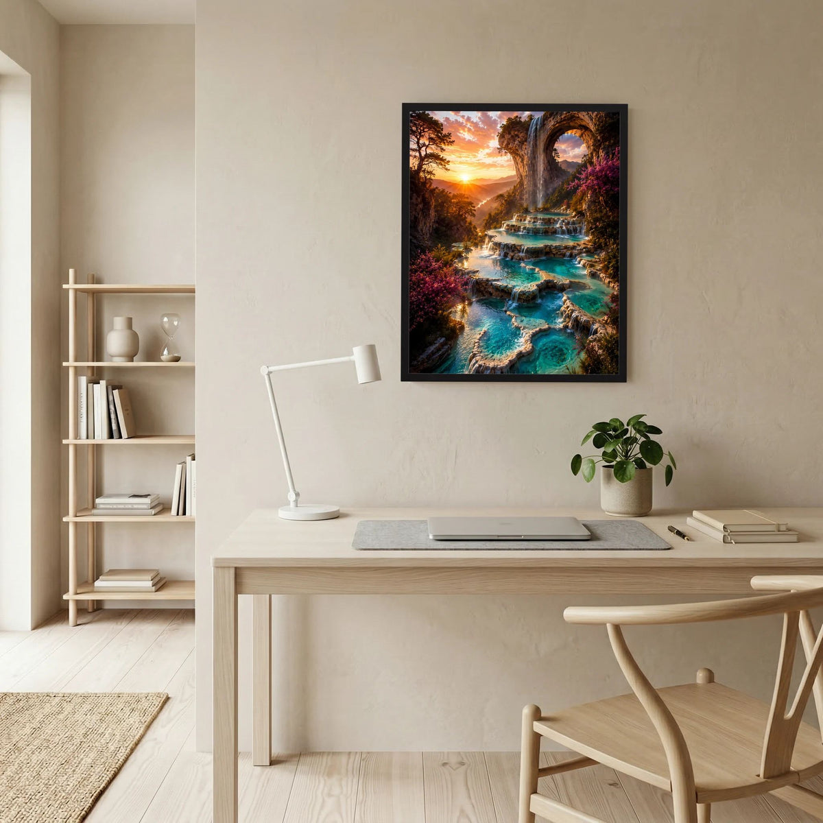 Hochformatiges Kunstposter im schwarzen Rahmen mit Wasserfall durch Naturbogen und türkisfarbenem Bach