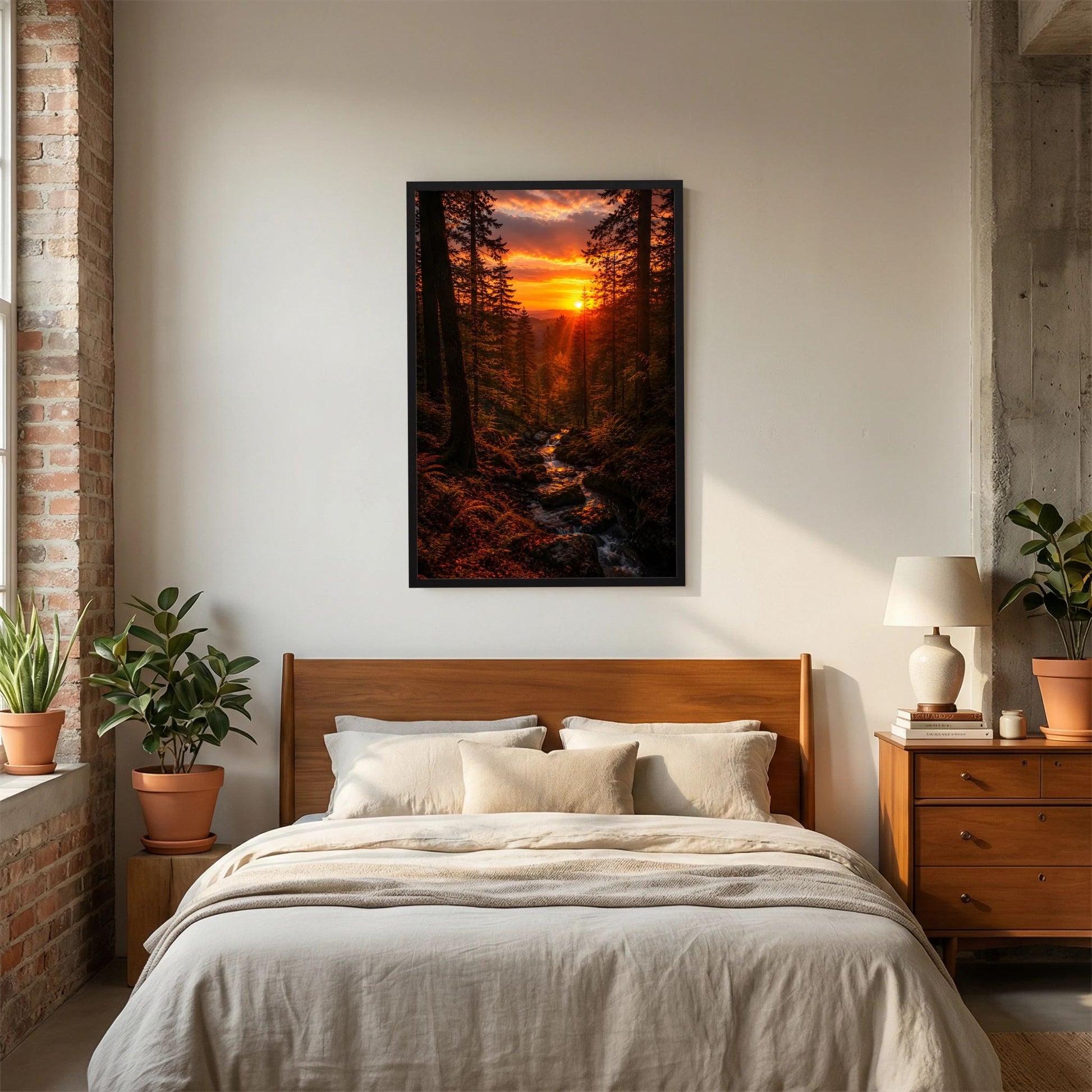 Poster im Hochformat mit Waldbach und Sonnenuntergang, schwarz gerahmt