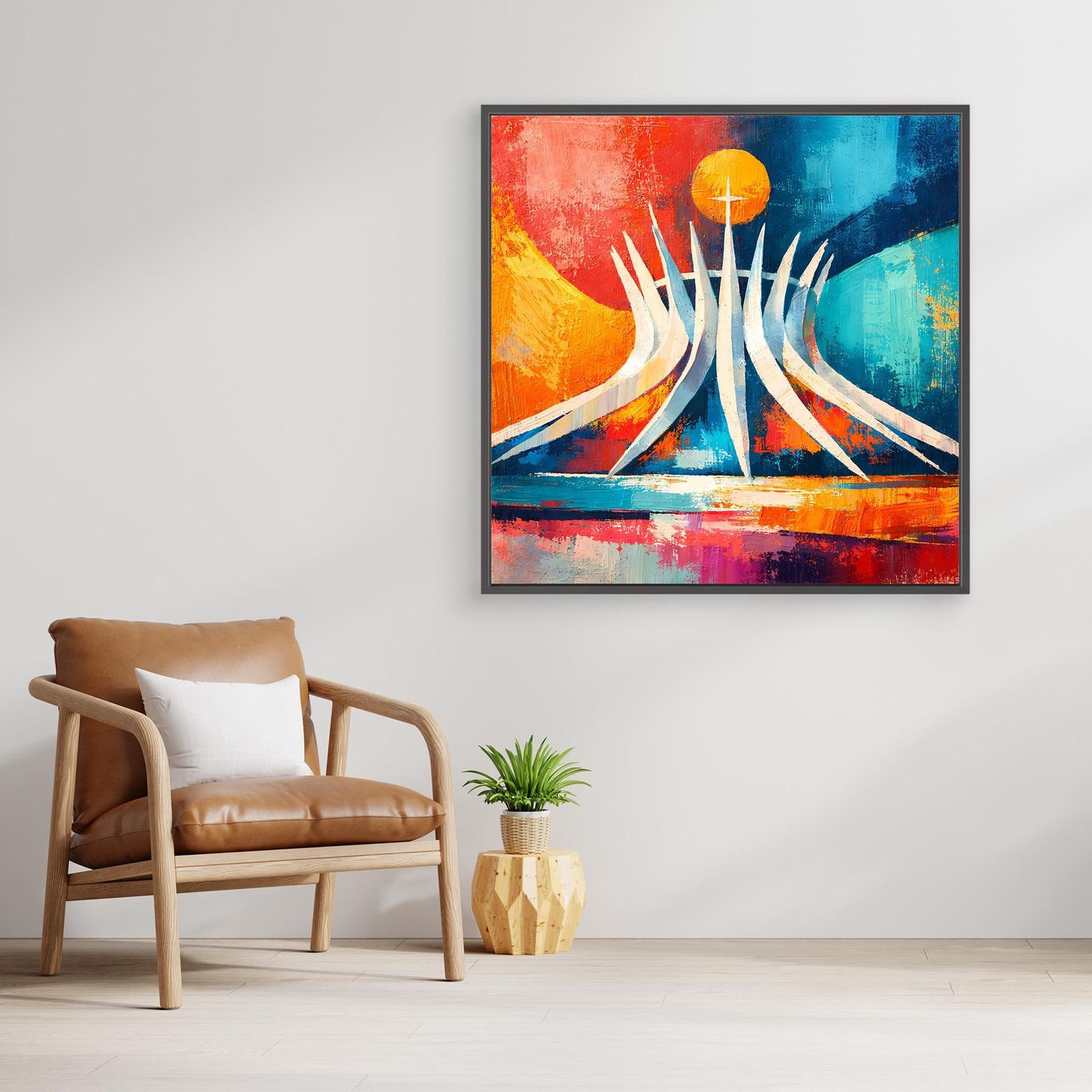 Abstraktes Leinwand-Wandbild mit Kathedralenmotiv in Blau, Orange und Rot