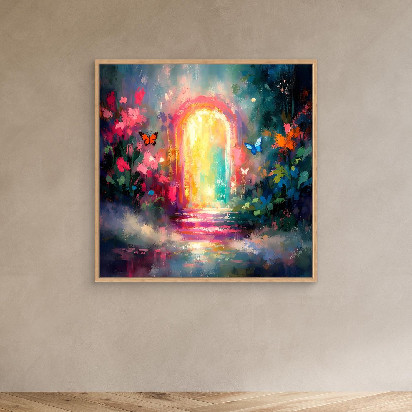 Abstraktes Wandbild mit hellem Holzrahmen: leuchtendes Tor, bunte Blüten und Schmetterlinge