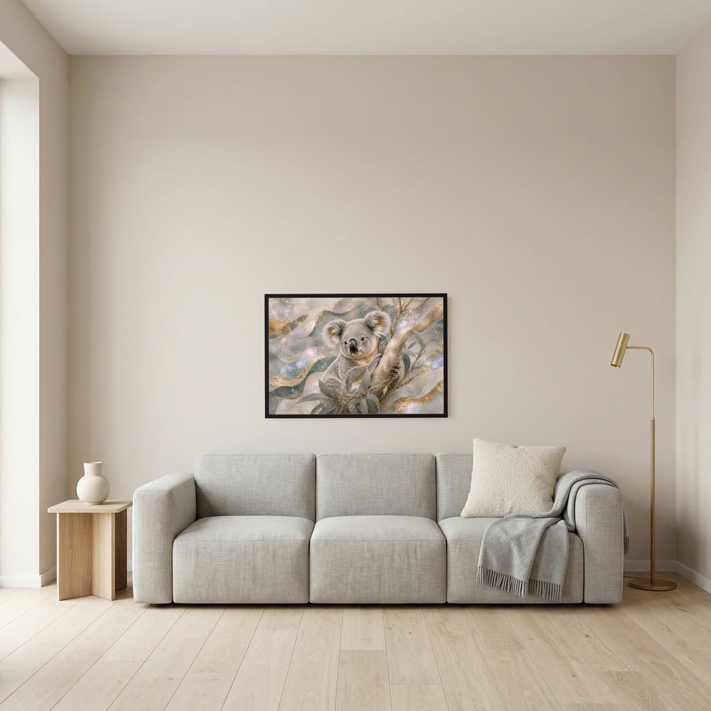 Gerahmtes Querformat-Poster mit grauem Koala im Blattwerk, schwarze Einfassung