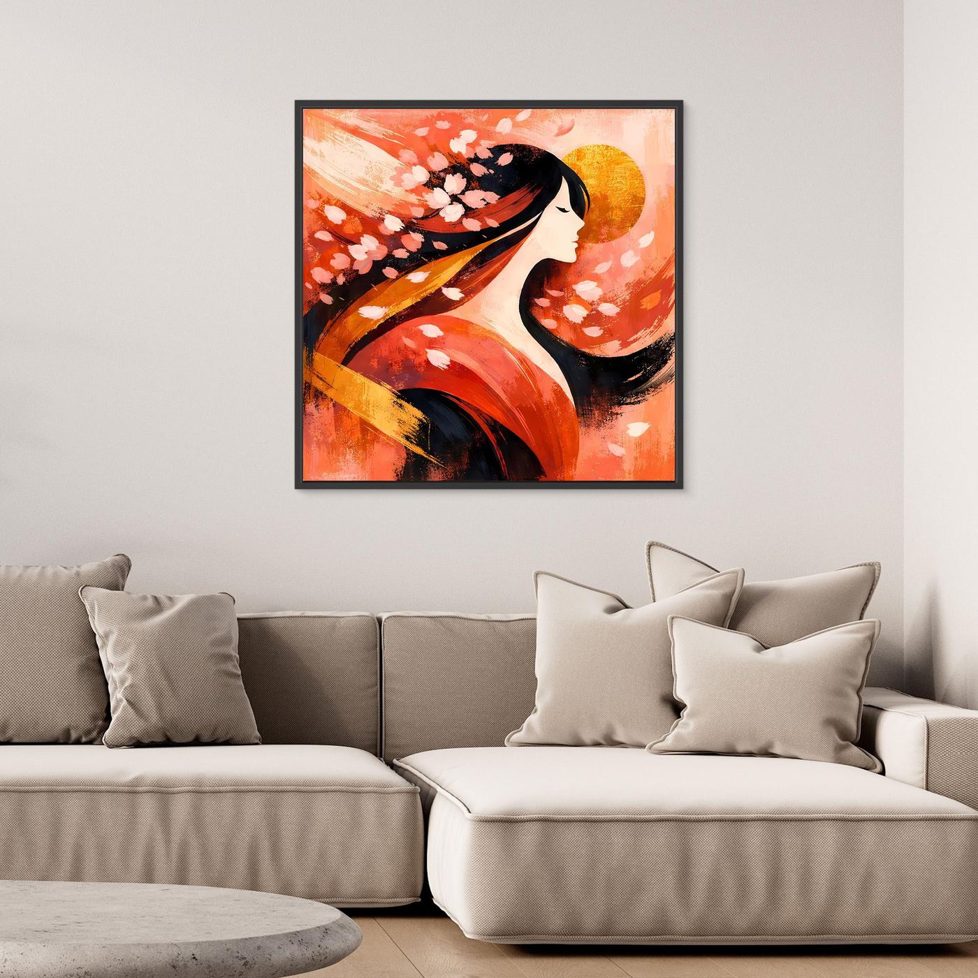 Leinwandbild mit Geisha im Profil, Kirschblüten und warmen Rot-Orange Tönen, schwarz gerahmt
