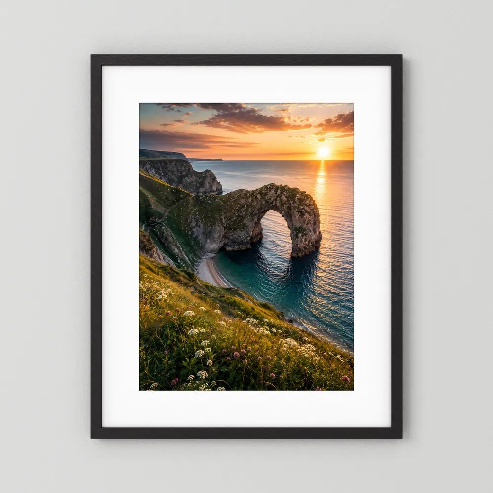 Hochformat-Poster mit Küstenlandschaft: Felsbogen am Meer im Sonnenuntergang, schwarzer Rahmen