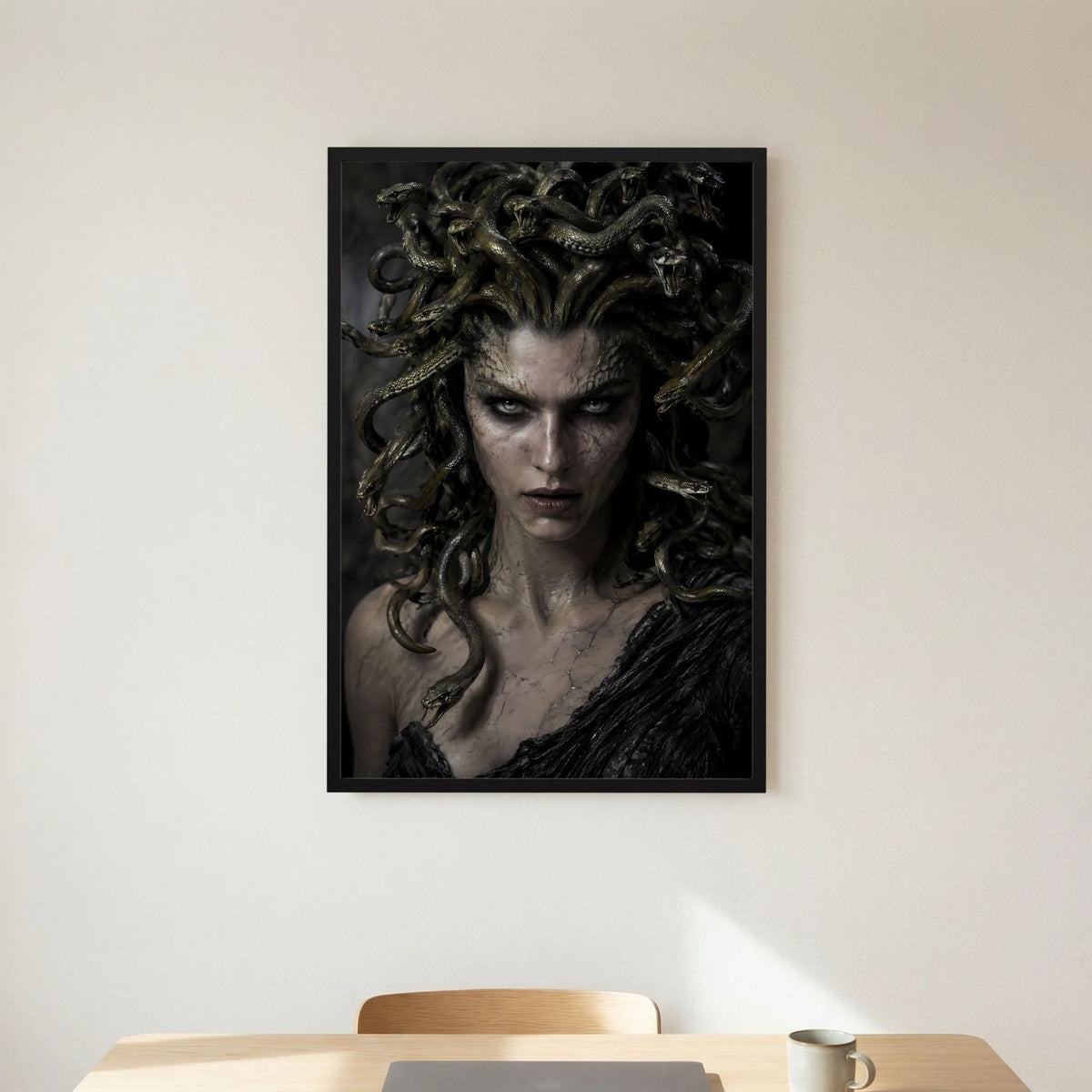 Fantasy-Porträtposter mit Medusa und Schlangenhaaren, schwarzer Rahmen im Hochformat