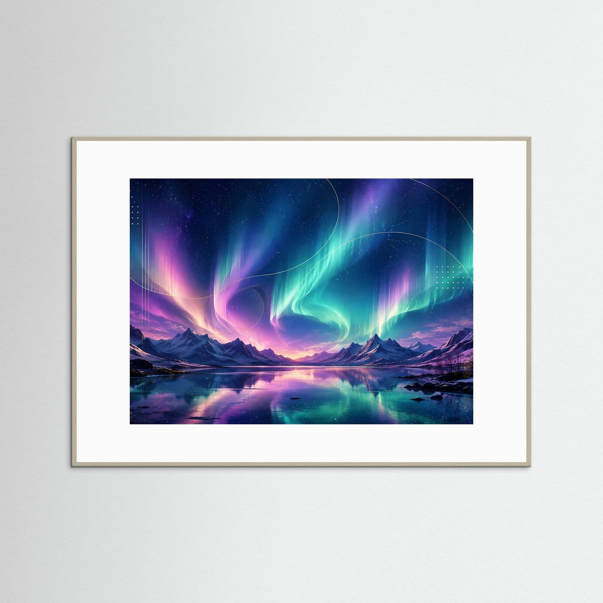 Poster Querformat: Aurora über Berglandschaft, blau-violetter Himmel, weißer Rahmen