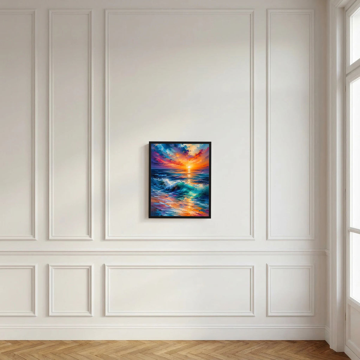 Gerahmtes Hochformat-Poster mit Sonnenuntergang am Meer und farbiger Wellenlandschaft