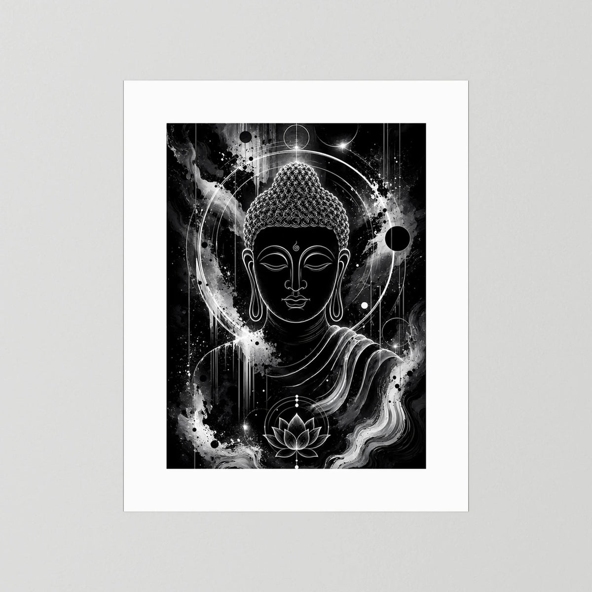 Schwarzweiß-Kunstposter mit Buddha-Gesicht, Lotusblüte und kosmischer Aura, weiß gerahmt.