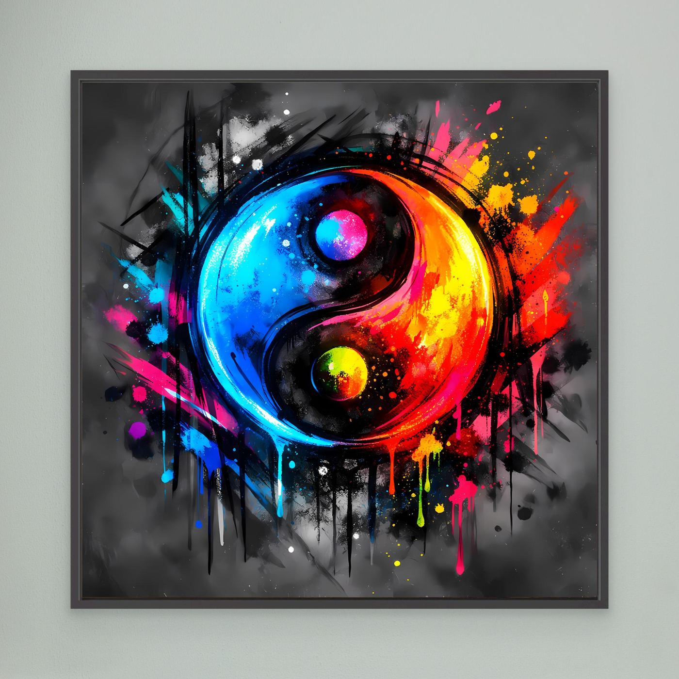 Gerahmtes Leinwandbild mit abstraktem Yin-Yang-Motiv in Blau, Rot, Gelb und Pink