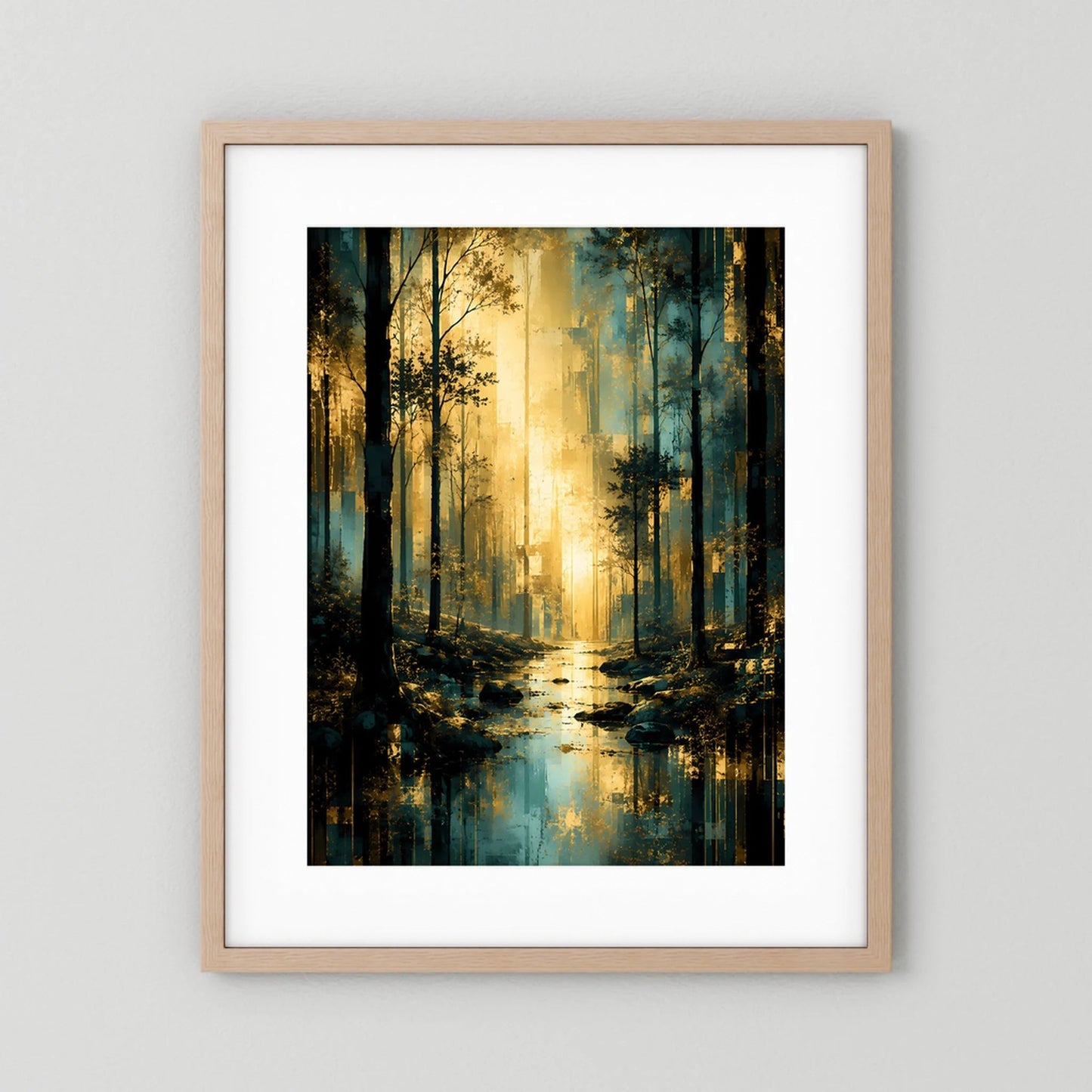 Hochformat-Poster Waldlandschaft in Türkis und Gold, hellbrauner Holzrahmen