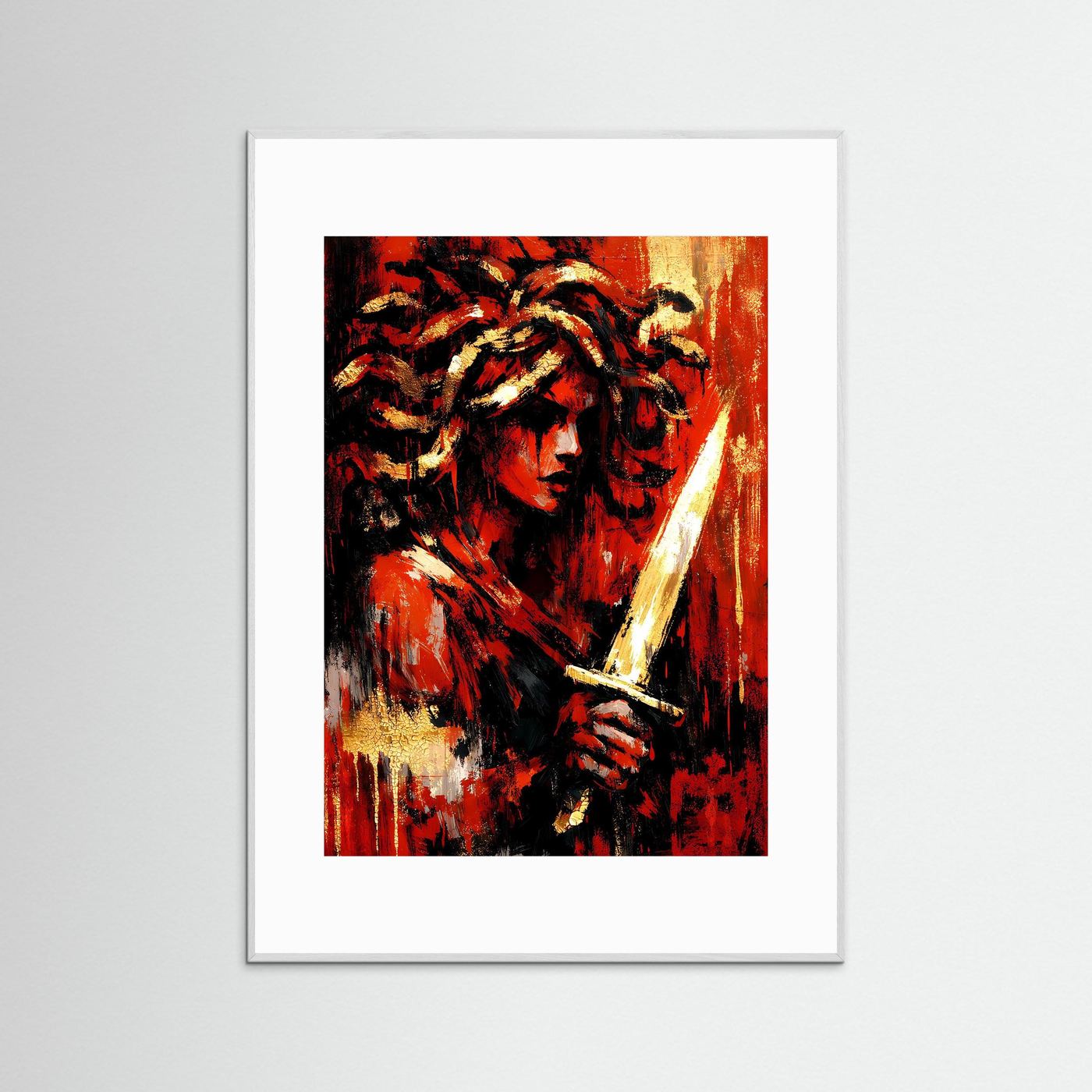 Kunstposter Hochformat: abstraktes Feuerrot-Gold-Schwarz-Porträt, hellgrauer Rahmen