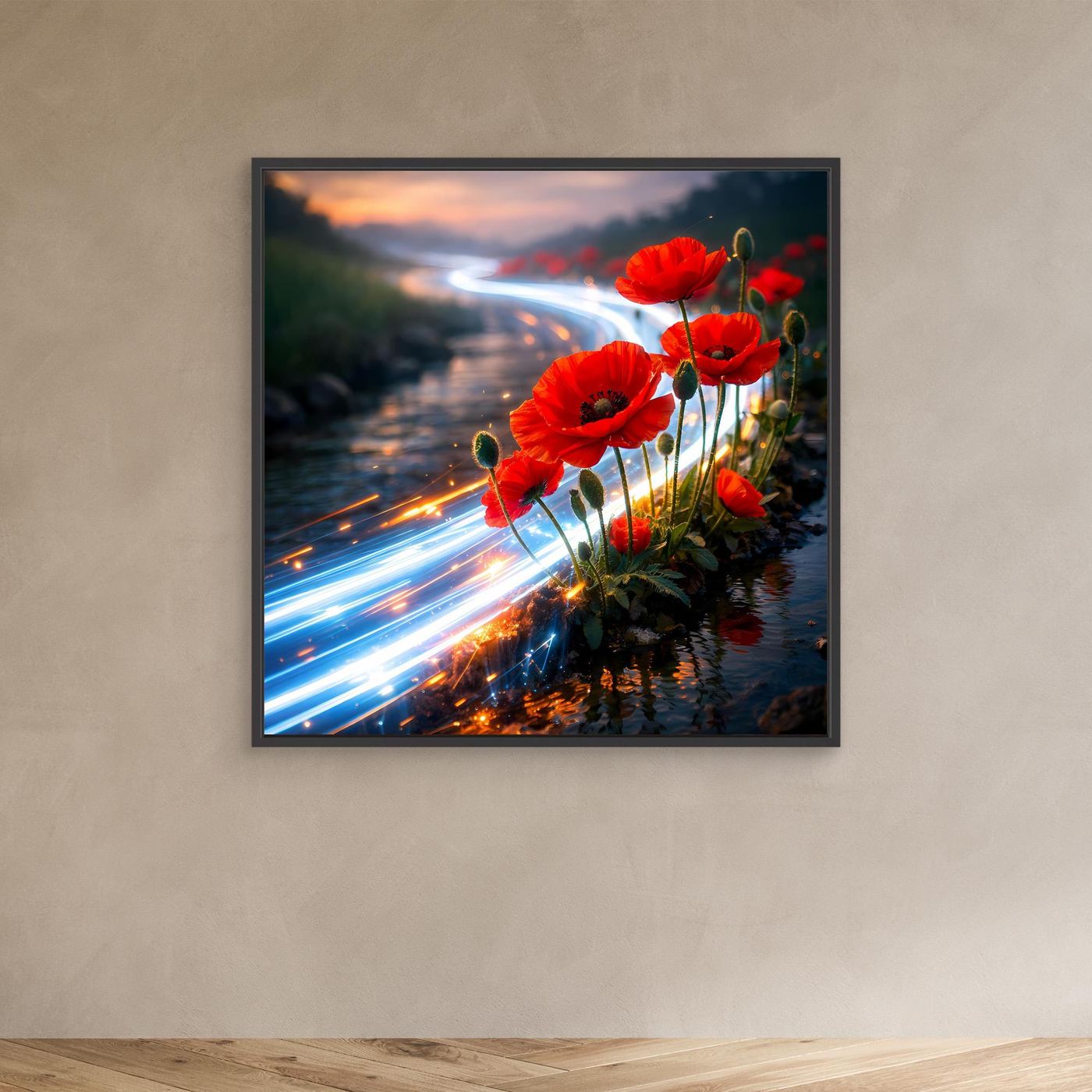 Leinwandbild: rote Mohnblumen am Bachlauf mit blauen Lichtspuren im schwarzen Rahmen
