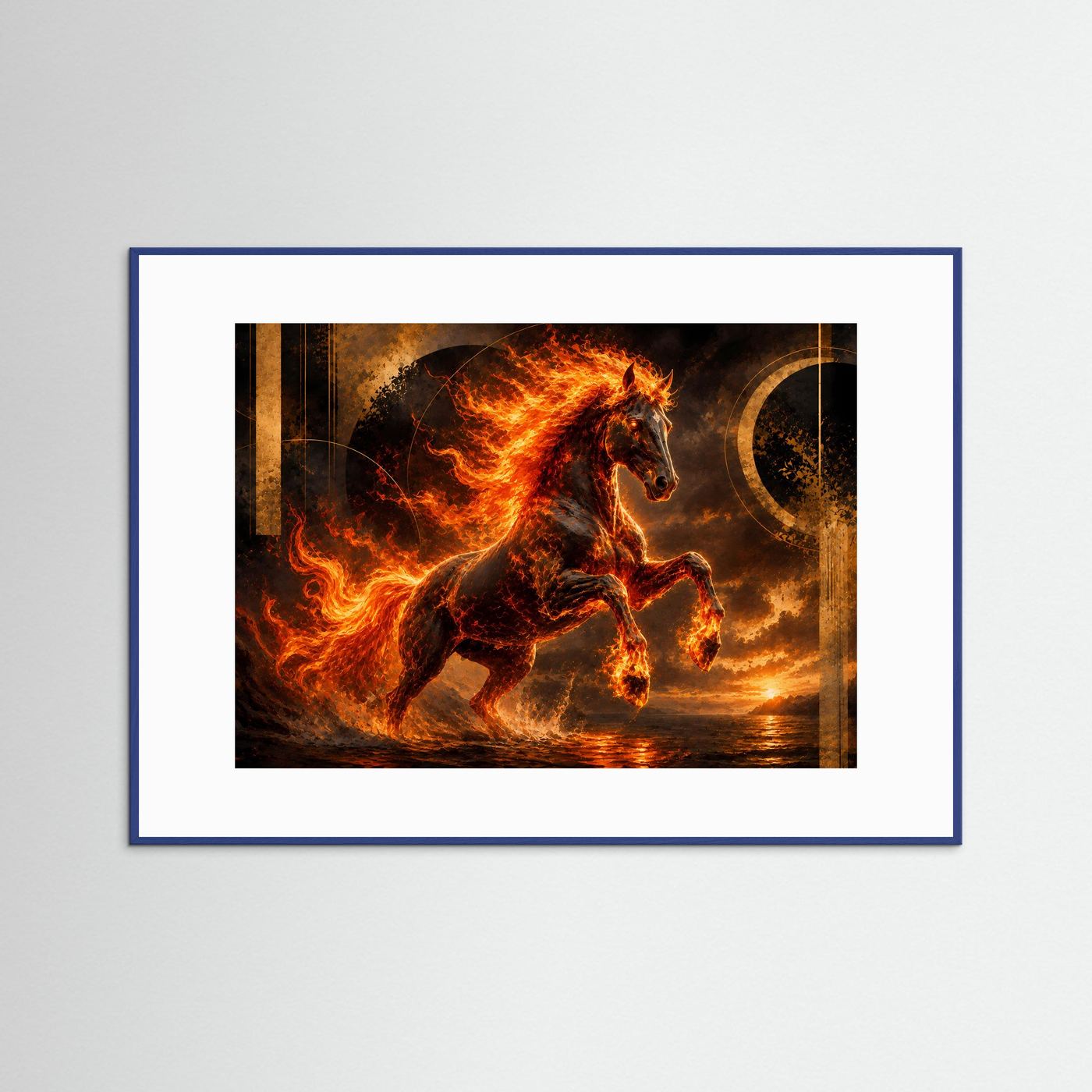 Feuerpferd-Poster (Querformat) mit schwarzem Rahmen und Flammenpferd in Schwarz, Gold, Orange