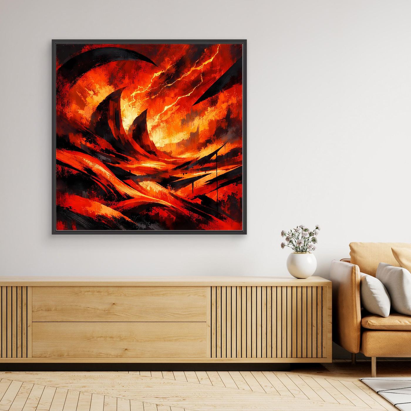 Abstraktes Leinwand-Wandbild mit Lava-Feuer und Blitzen, schwarz gerahmt