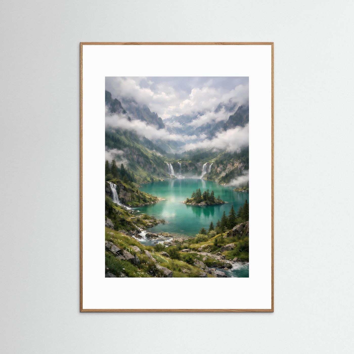 Hochformat-Poster mit Alpenlandschaft und türkisfarbenem Bergsee, hellbrauner Rahmen