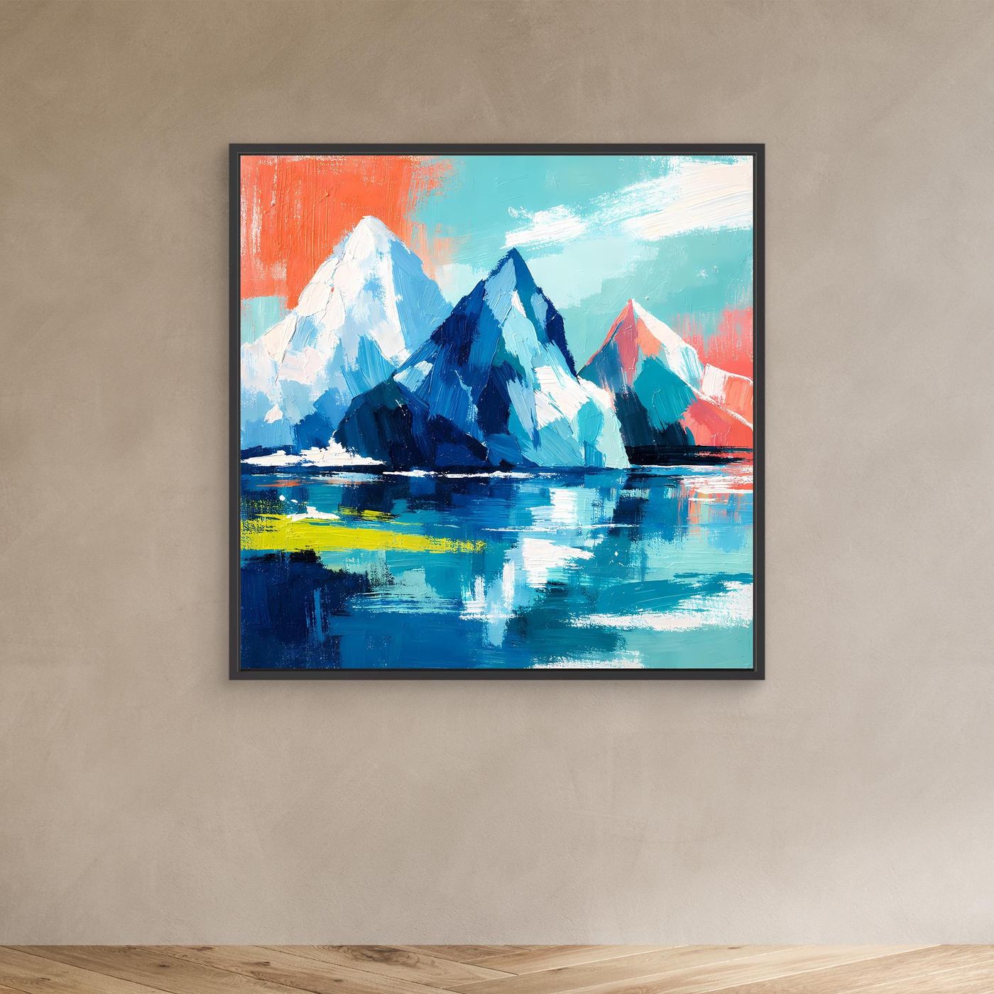 Abstract mountain and sea wall art in black frame, colorful ice peaks and blue water