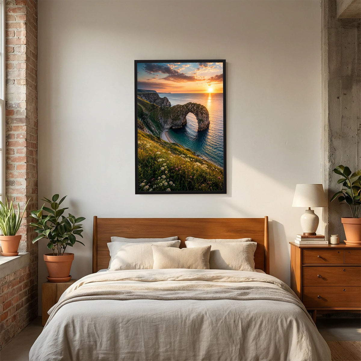 Schwarzer gerahmter Posterprint im Hochformat: Küstenfelsen mit Meerbogen bei Abendsonne