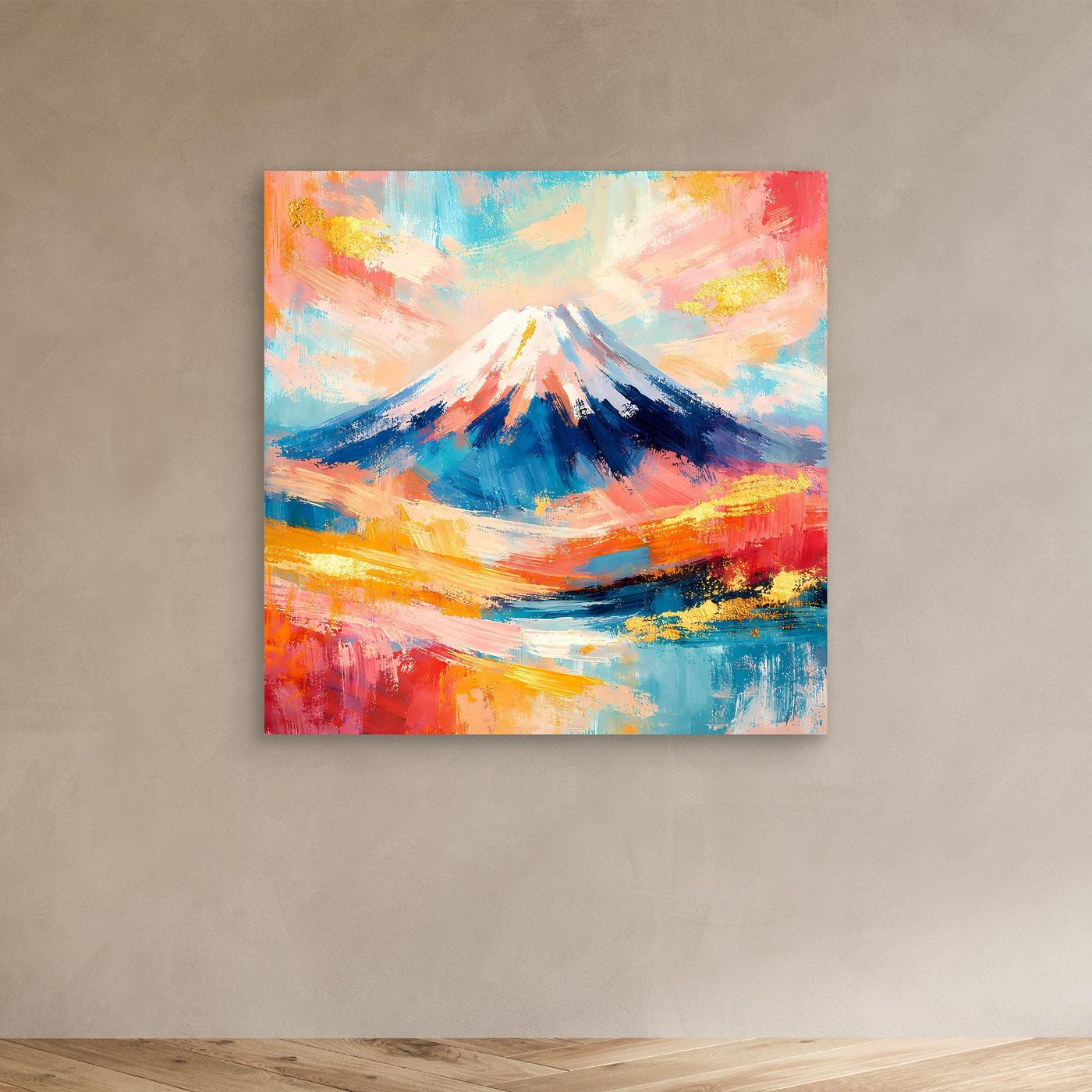 Gerahmtes abstraktes Leinwandbild Mount Fuji, dynamische Pinselstriche in kräftigen Farben