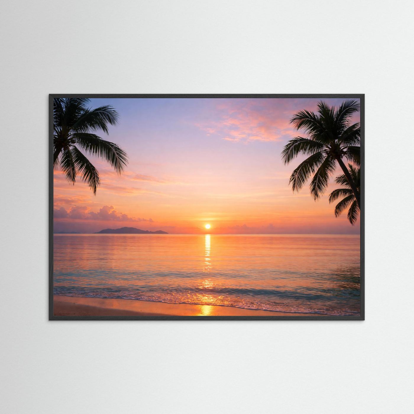 Tropenposter im Querformat mit Sonnenuntergang über dem Meer, Palmen und Sonnenaufgangslicht