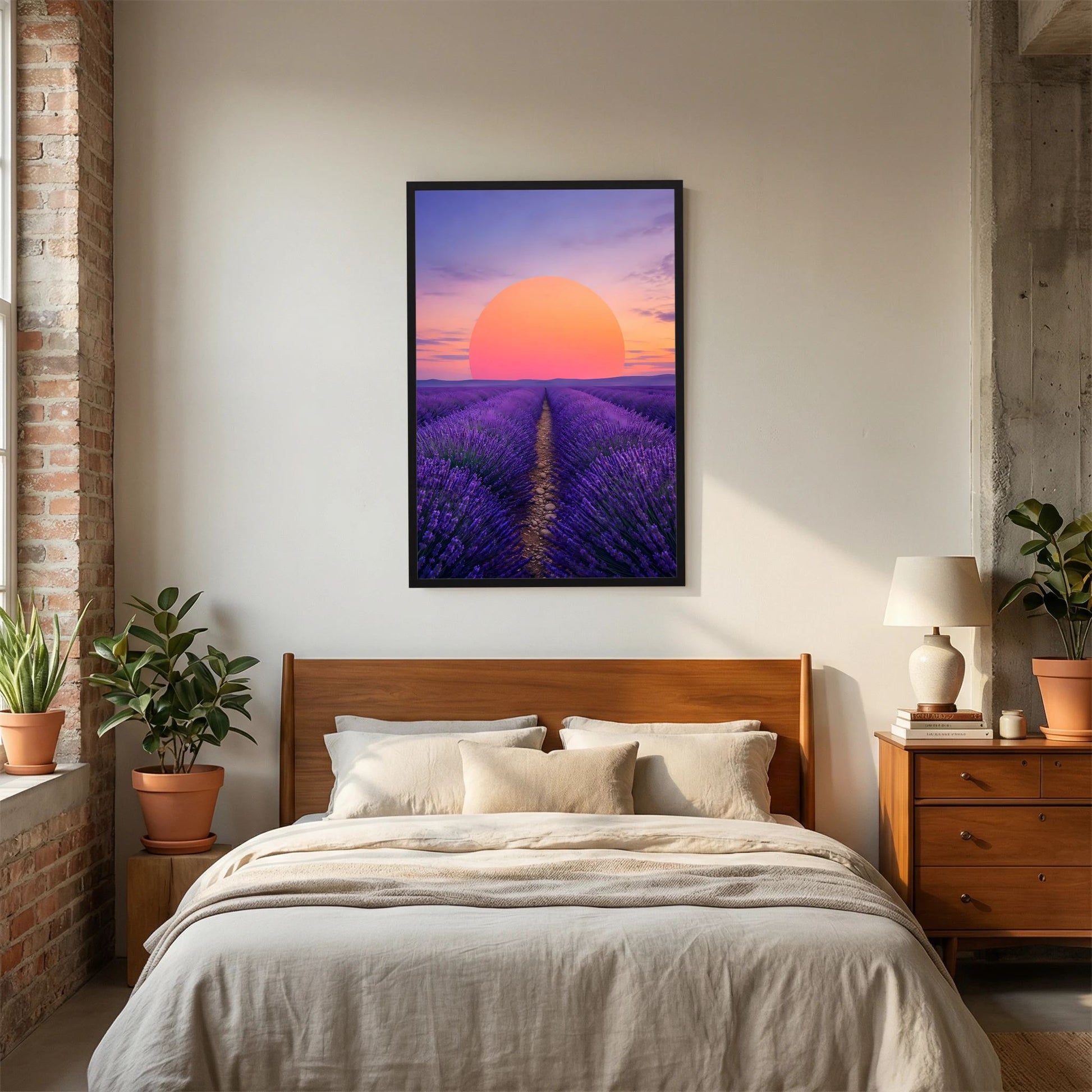 Hochformat-Poster in schwarzem Rahmen im Schlafzimmer: lila Lavendelfeld, orangefarbene Sonne